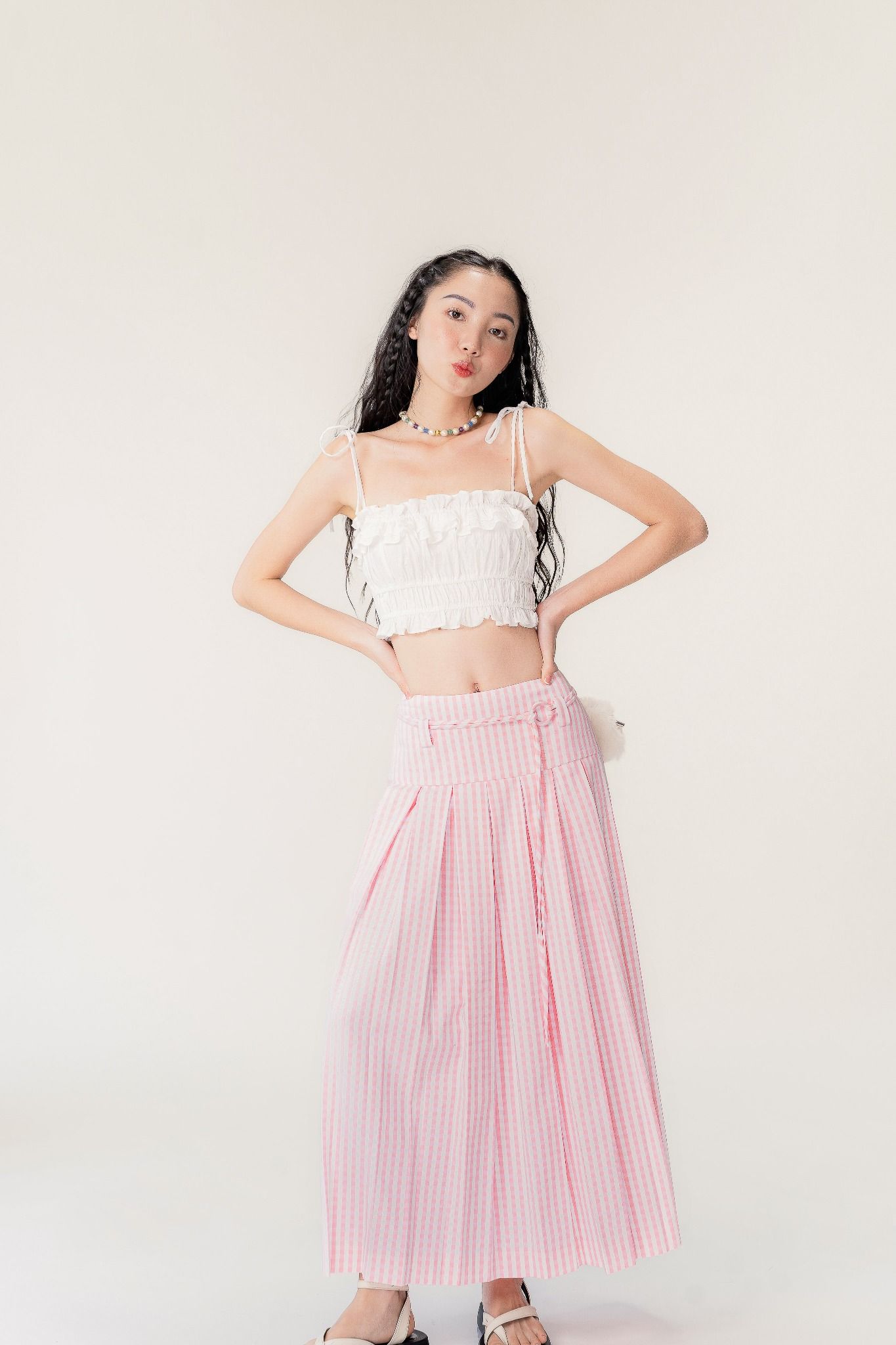  Pink Pleated Checked Midi Skirt 