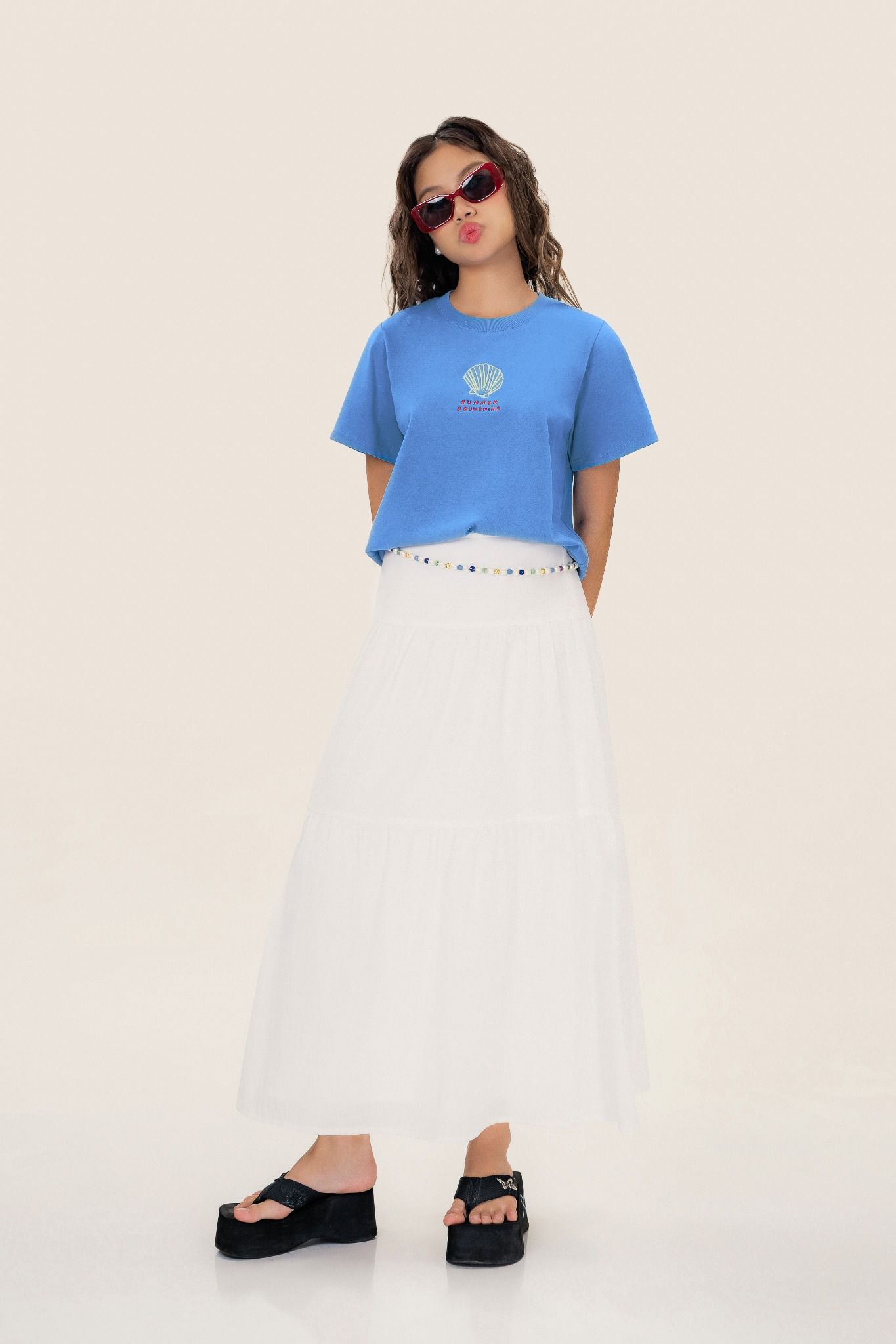  Ocean Blue Seashell Embroidered T-shirt 