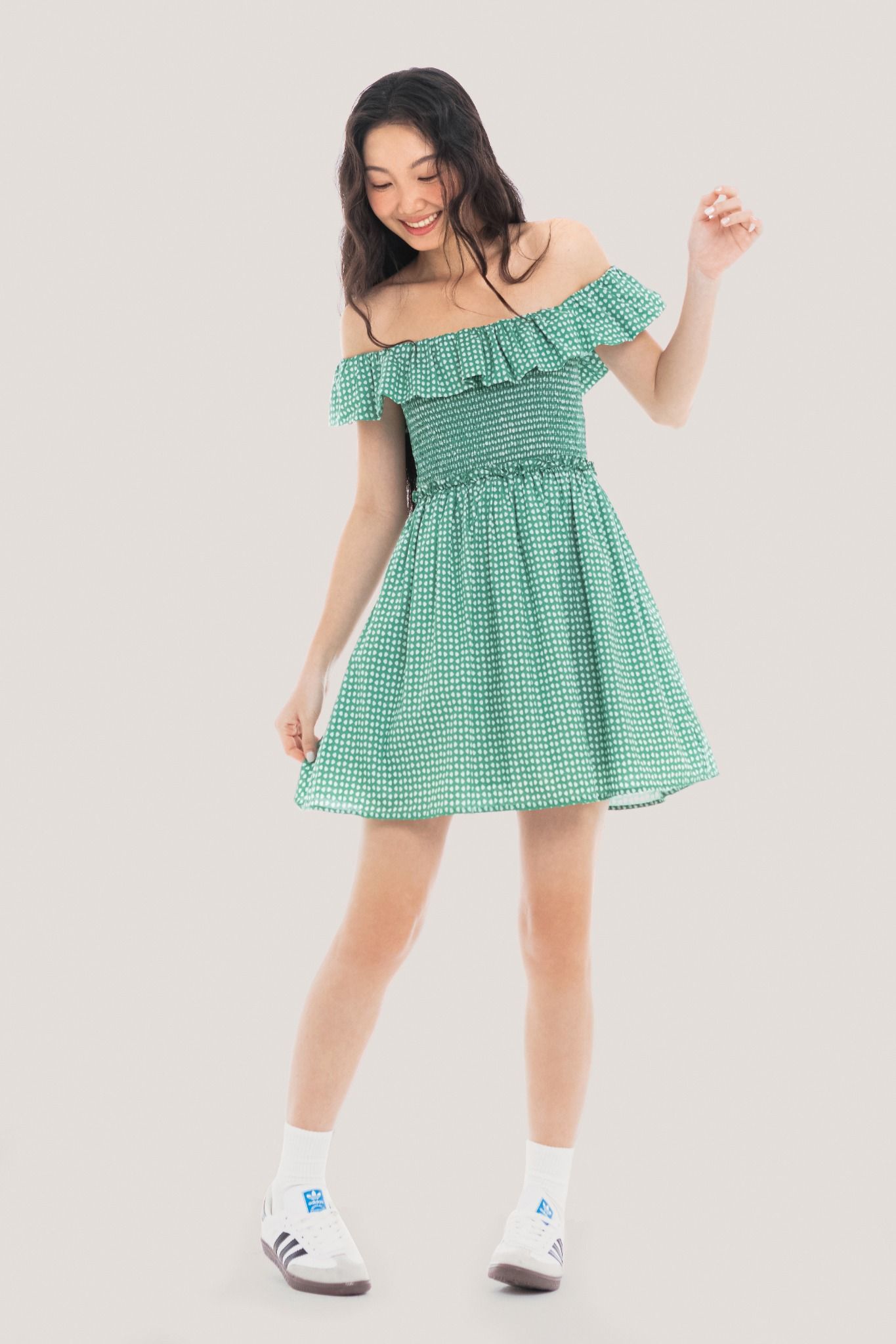  Green Polka Dot Off Shoulder Mini Dress 