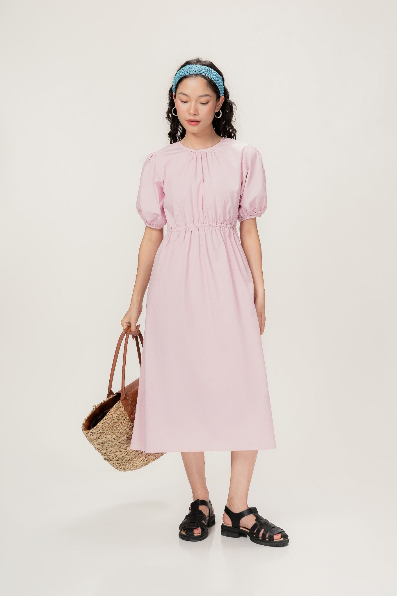 Libe Pale Rose Tie Back Poplin Midi Dress