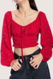 Bohemian Red Floral Long Puff Sleeves Top 
