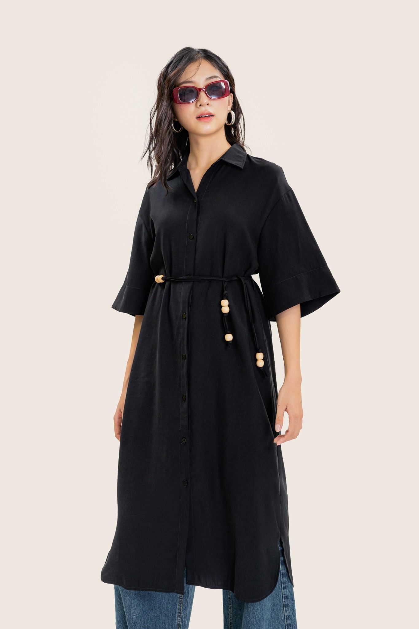 Black Tie Belt Long Shirt Dress – Libé