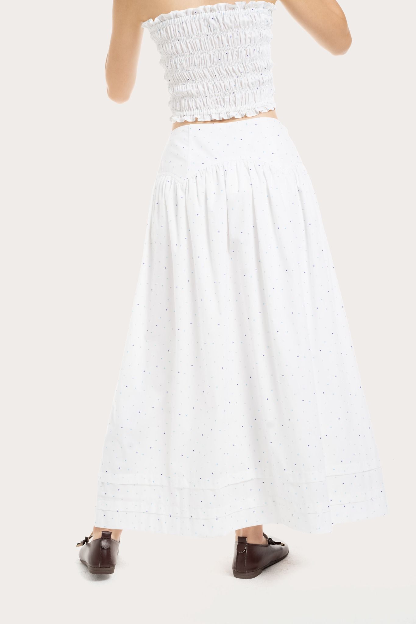  Mini Polka Dot Wide Waistband Midi Skirt 