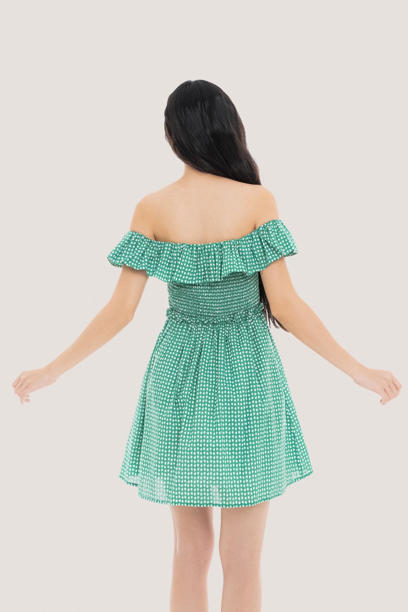  Green Polka Dot Off Shoulder Mini Dress 