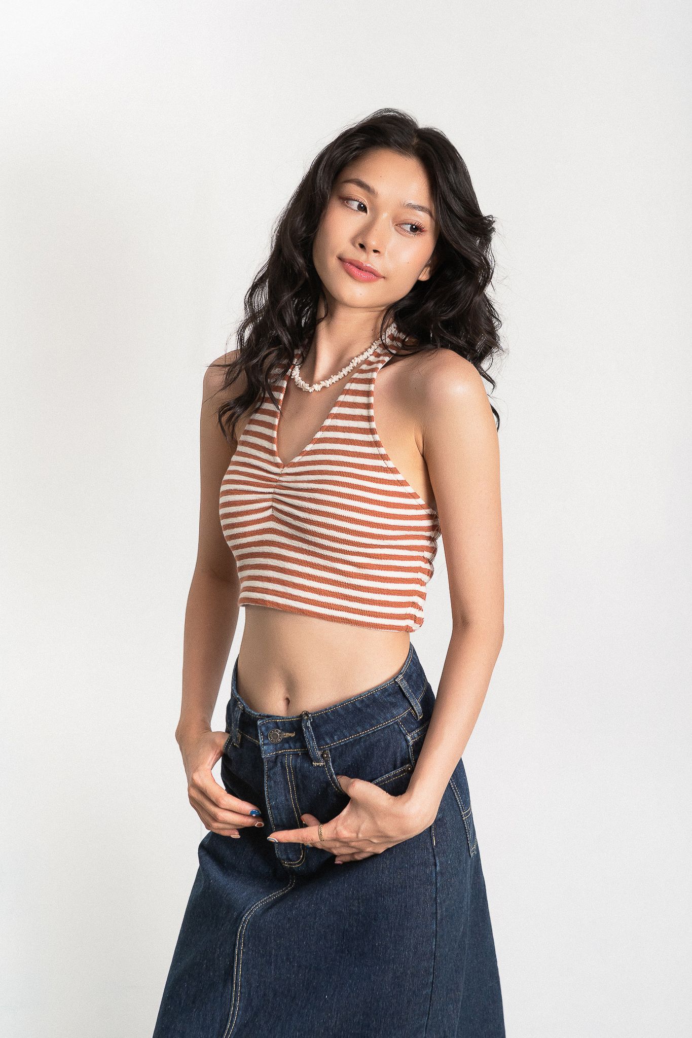  Striped Halter Collar Top - Brown 