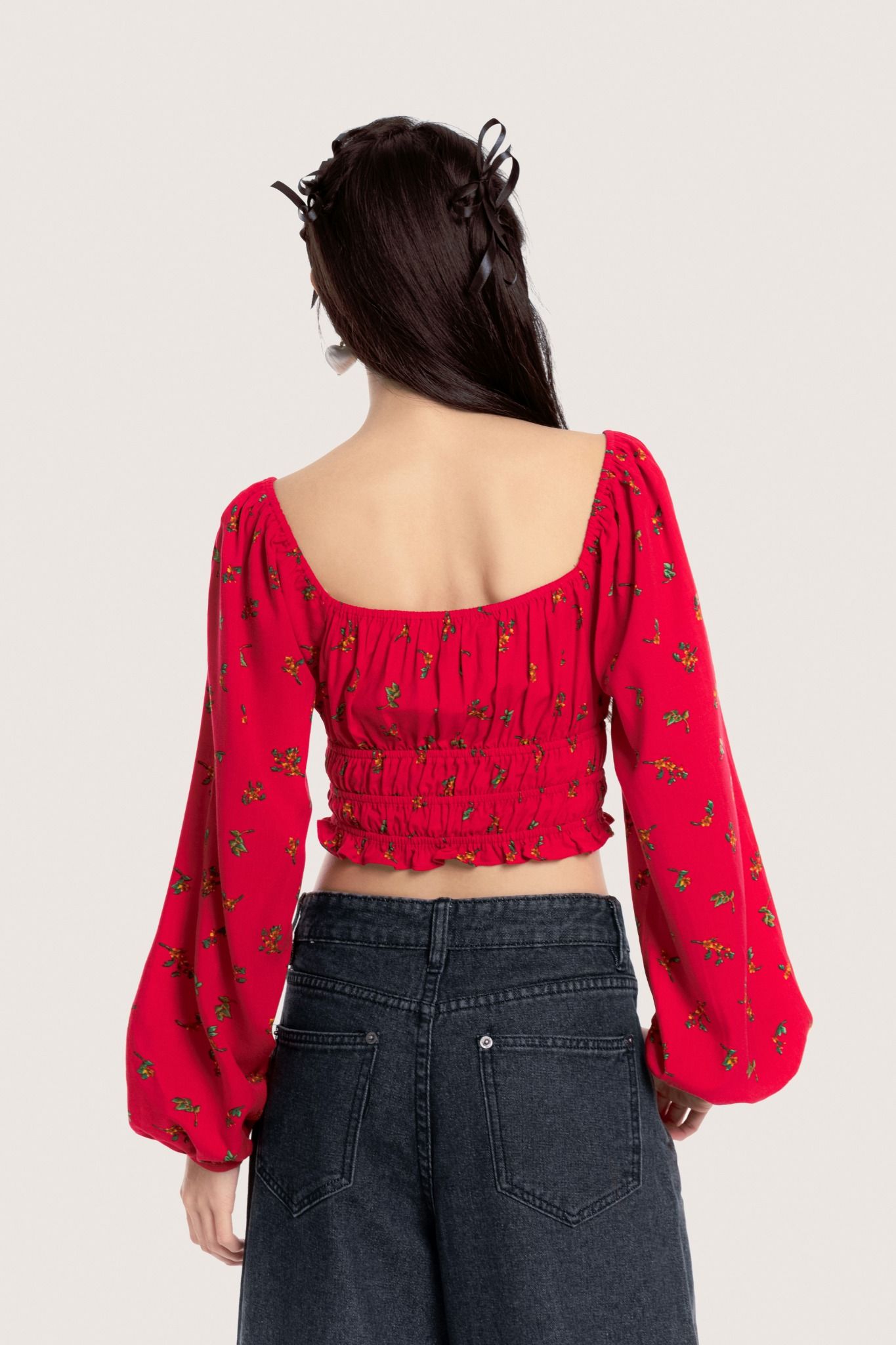  Bohemian Red Floral Long Puff Sleeves Top 