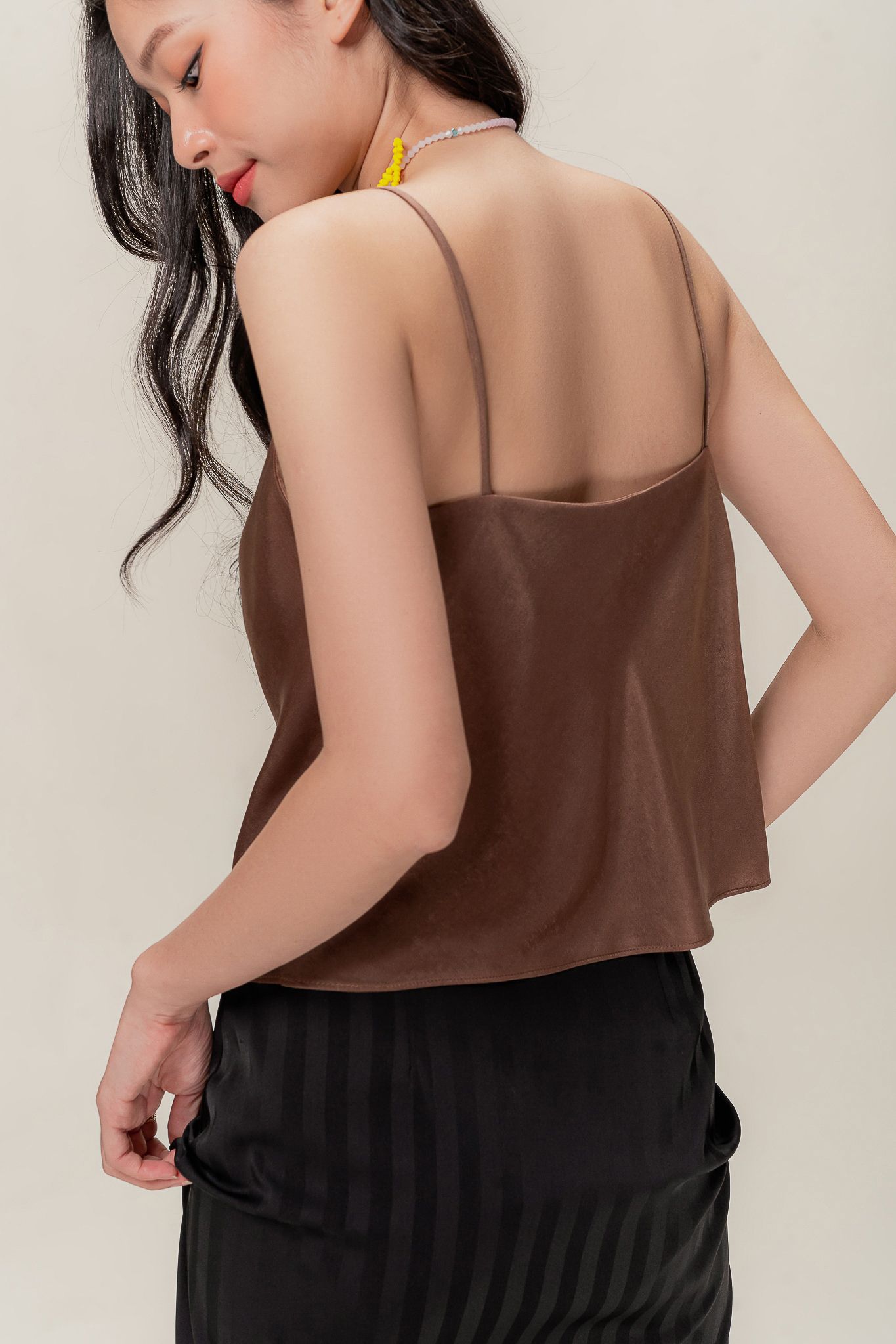  Brown Draped Neck Silky Camisole 