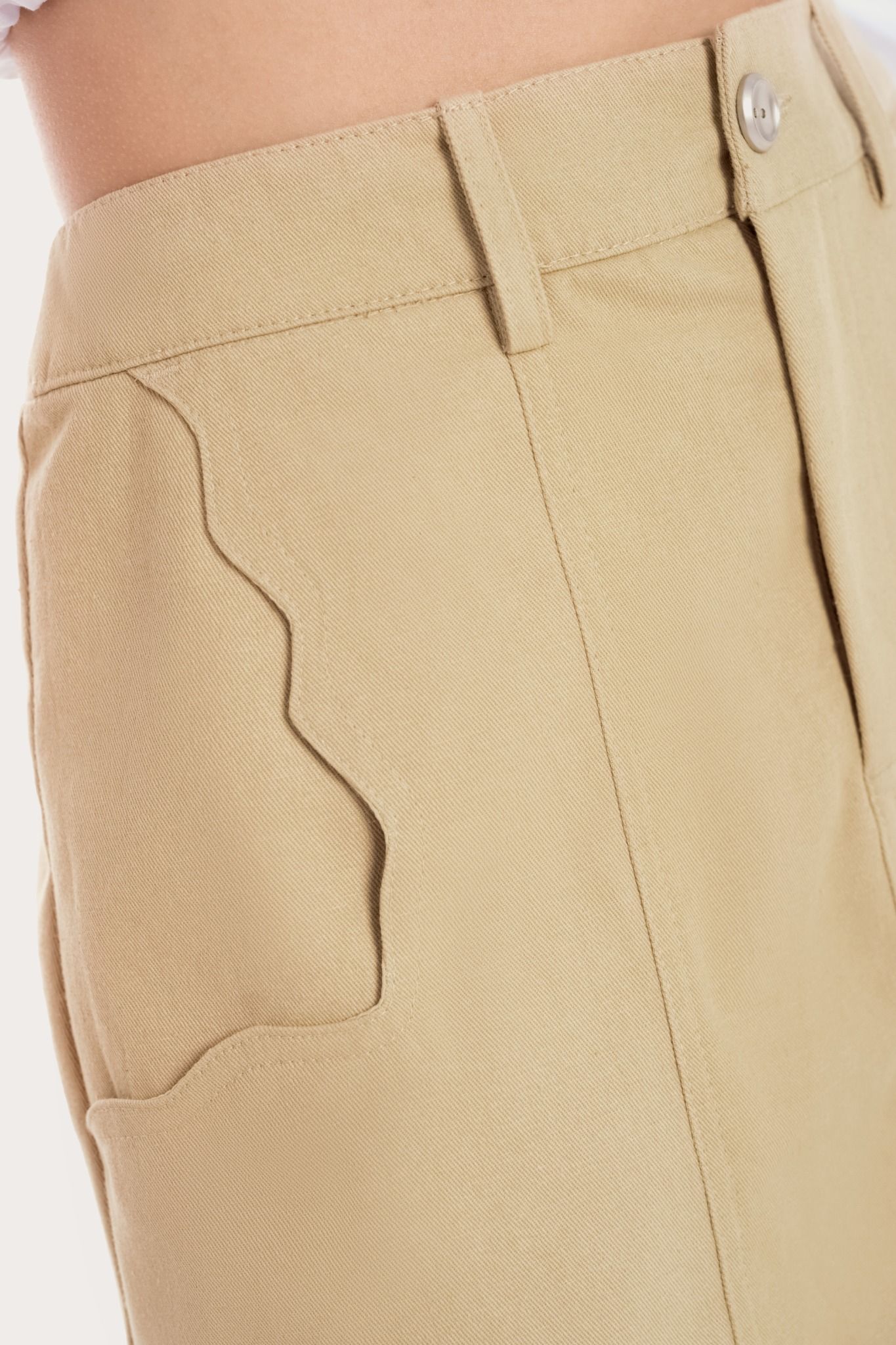  Beige Scallop Pockets Khaki Mini Skirt 