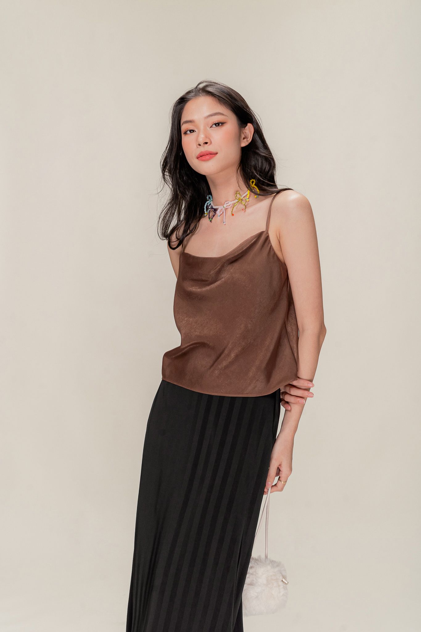  Brown Draped Neck Silky Camisole 