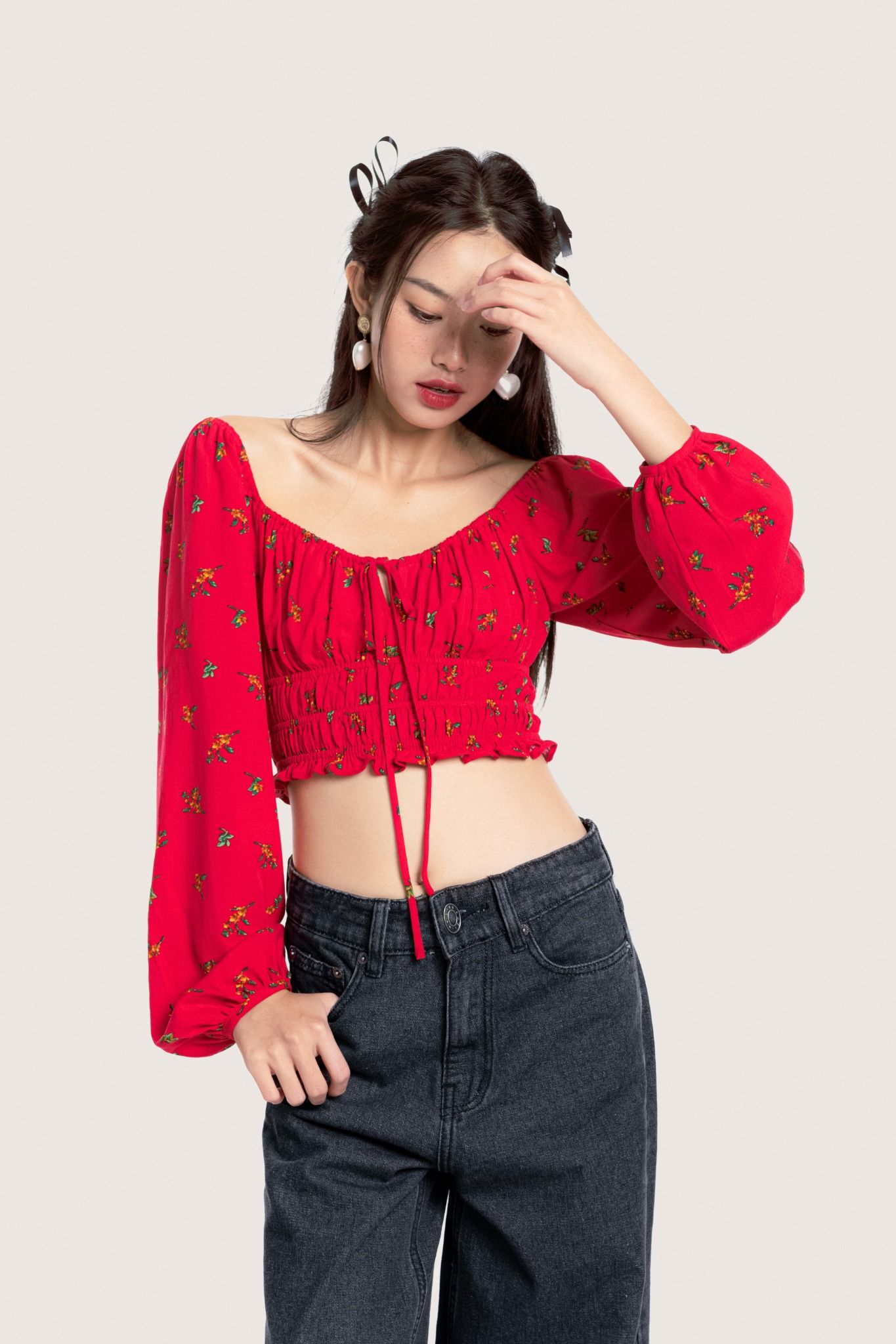  Bohemian Red Floral Long Puff Sleeves Top 