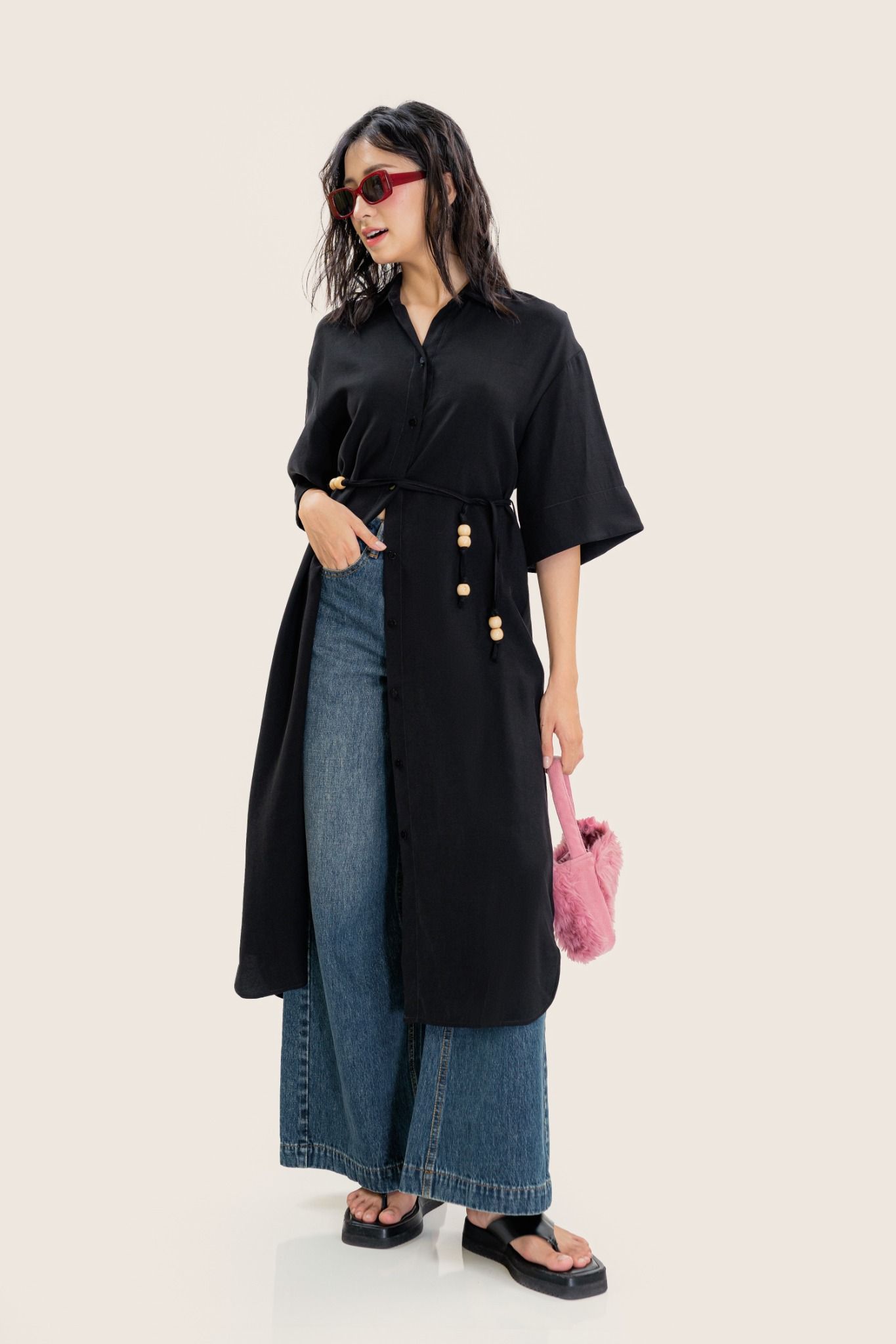  Black Tie Belt Long Shirt Dress 