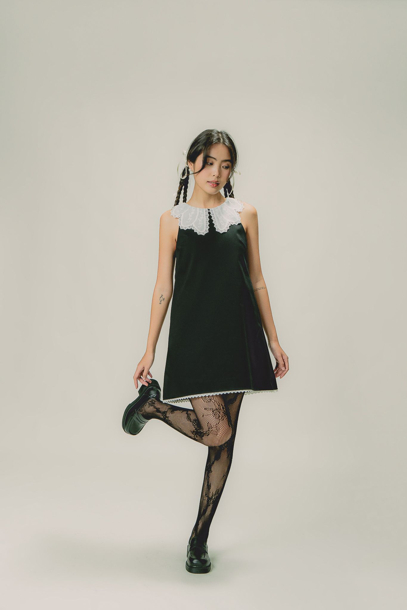  Black Peter Pan Collar Mini Dress With Lace Trim 