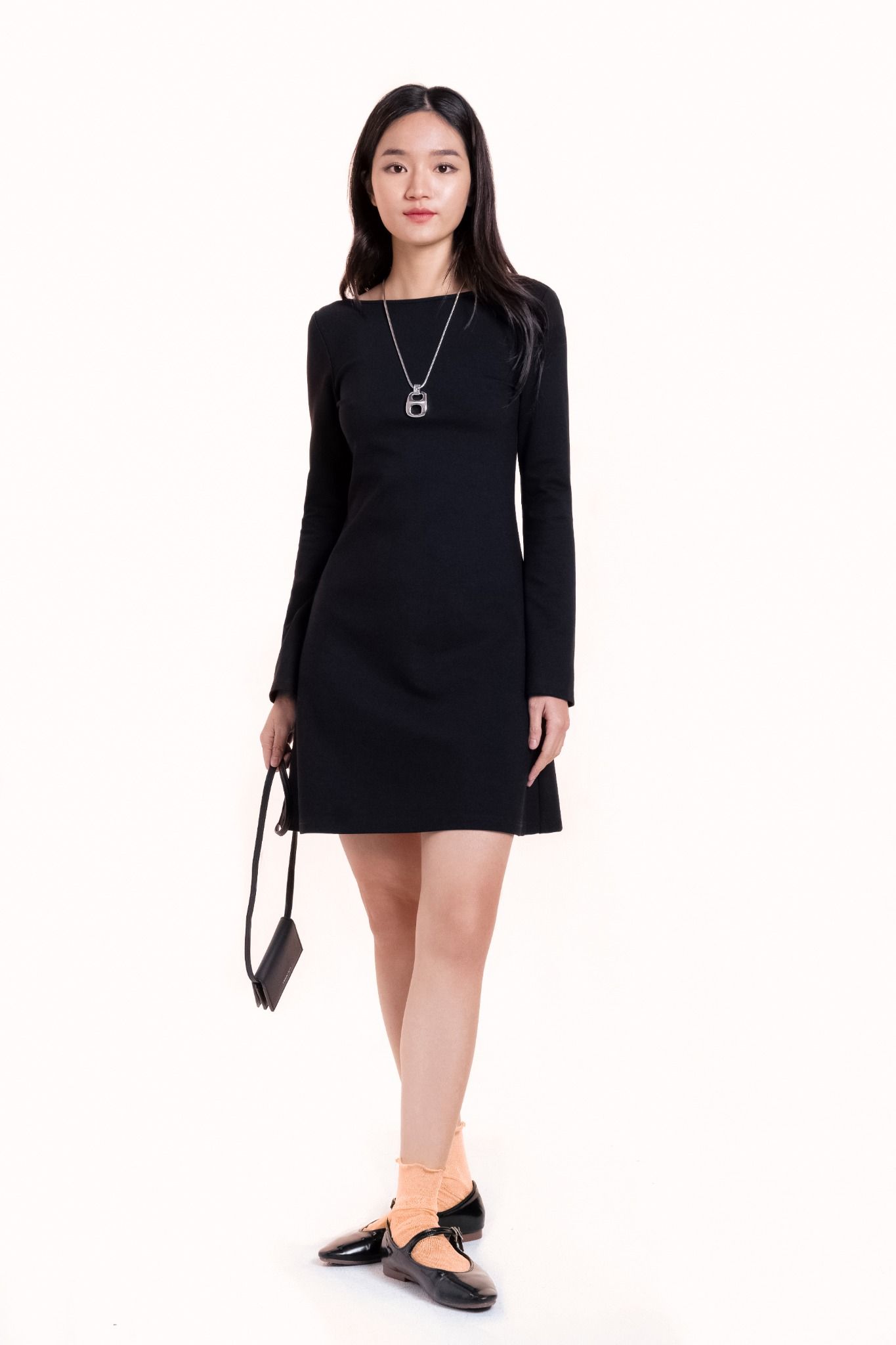  Black Bateau Collar Low Back Mini Dress 