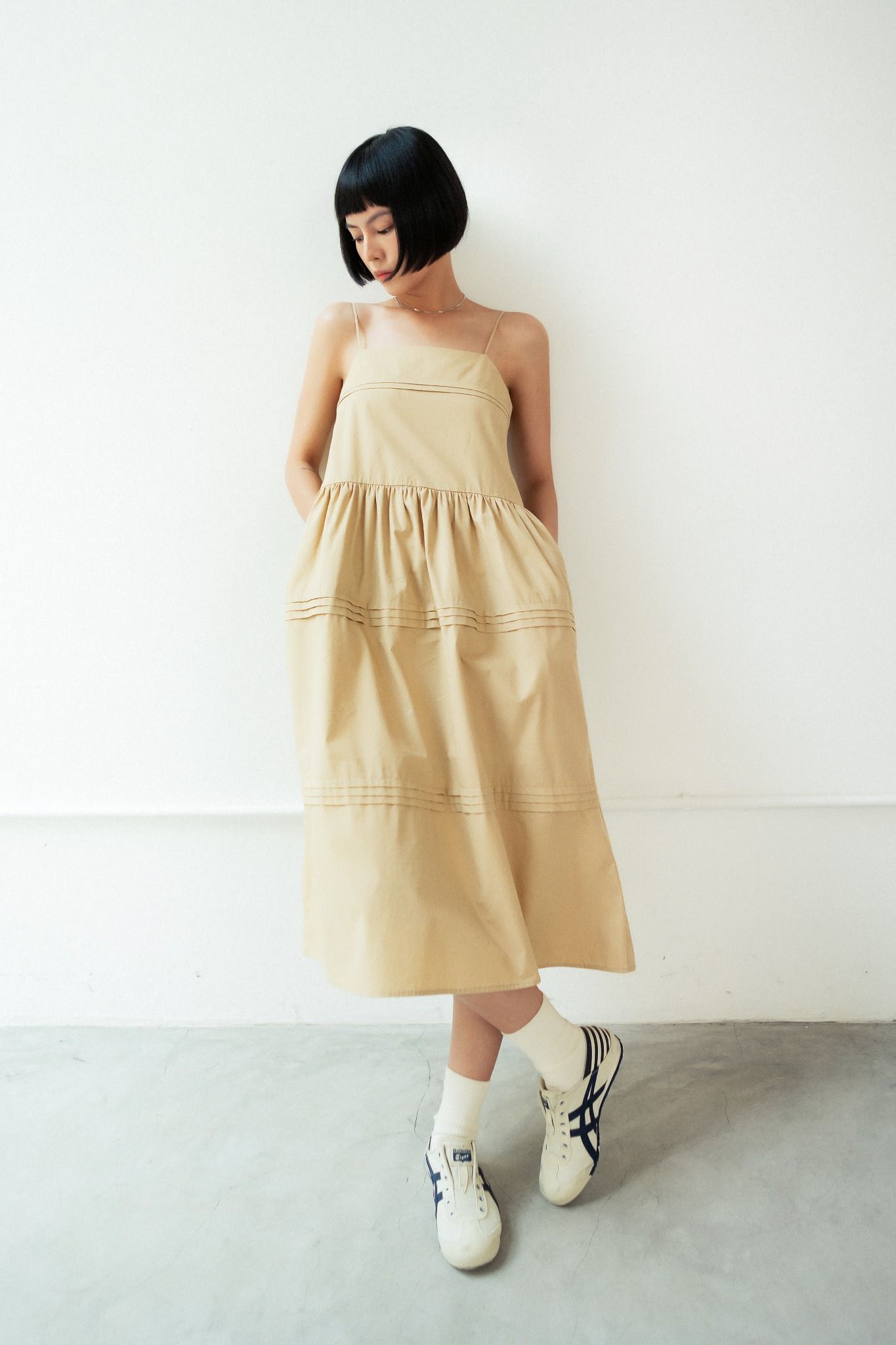  Beige Poplin Strappy Tiered Midi Dress 