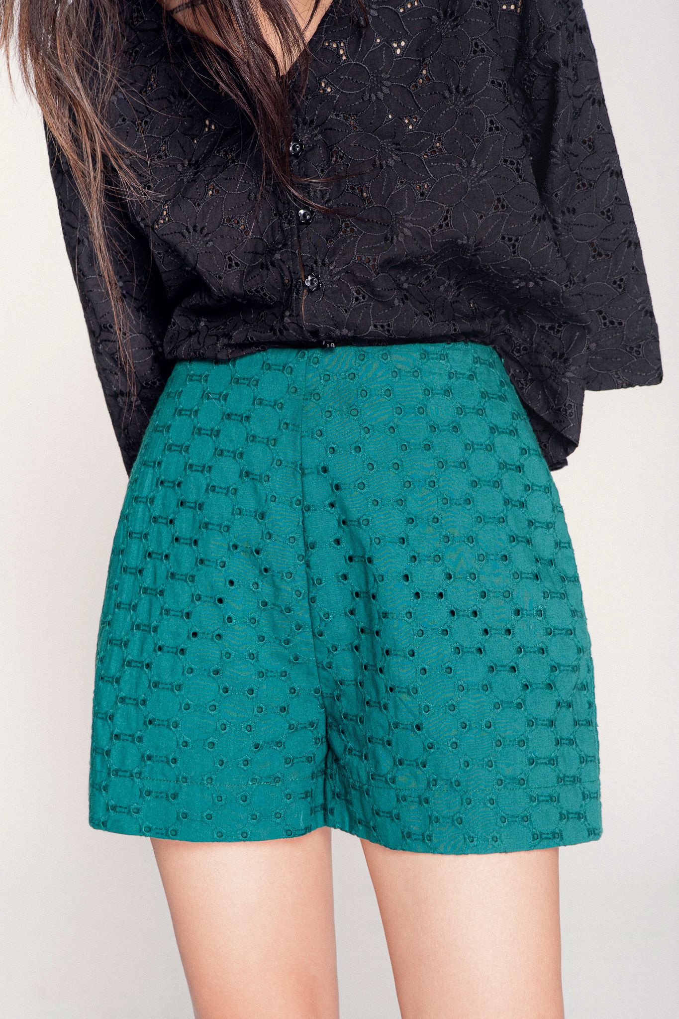  Green Eyelet Embroidery Shorts 