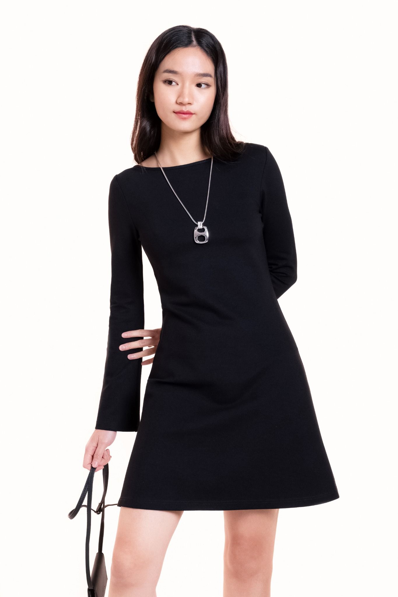  Black Bateau Collar Low Back Mini Dress 