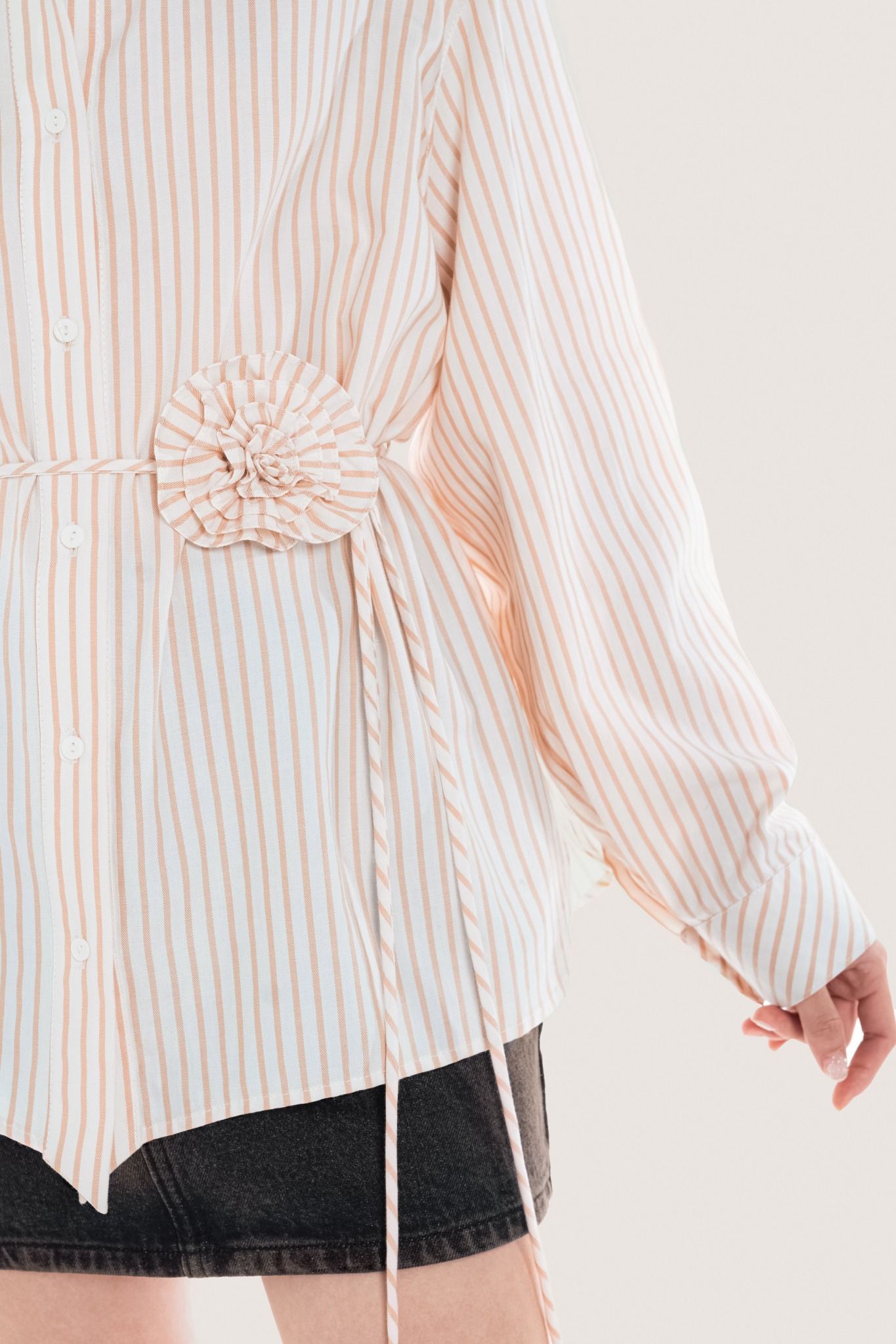  Orange Shadow Striped Flower Belt Shirt 