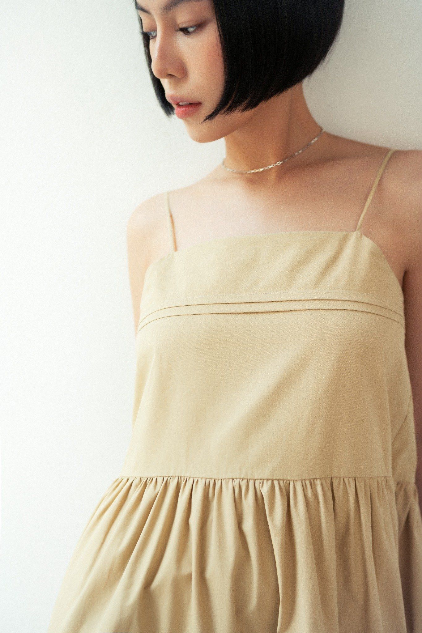  Beige Poplin Strappy Tiered Midi Dress 