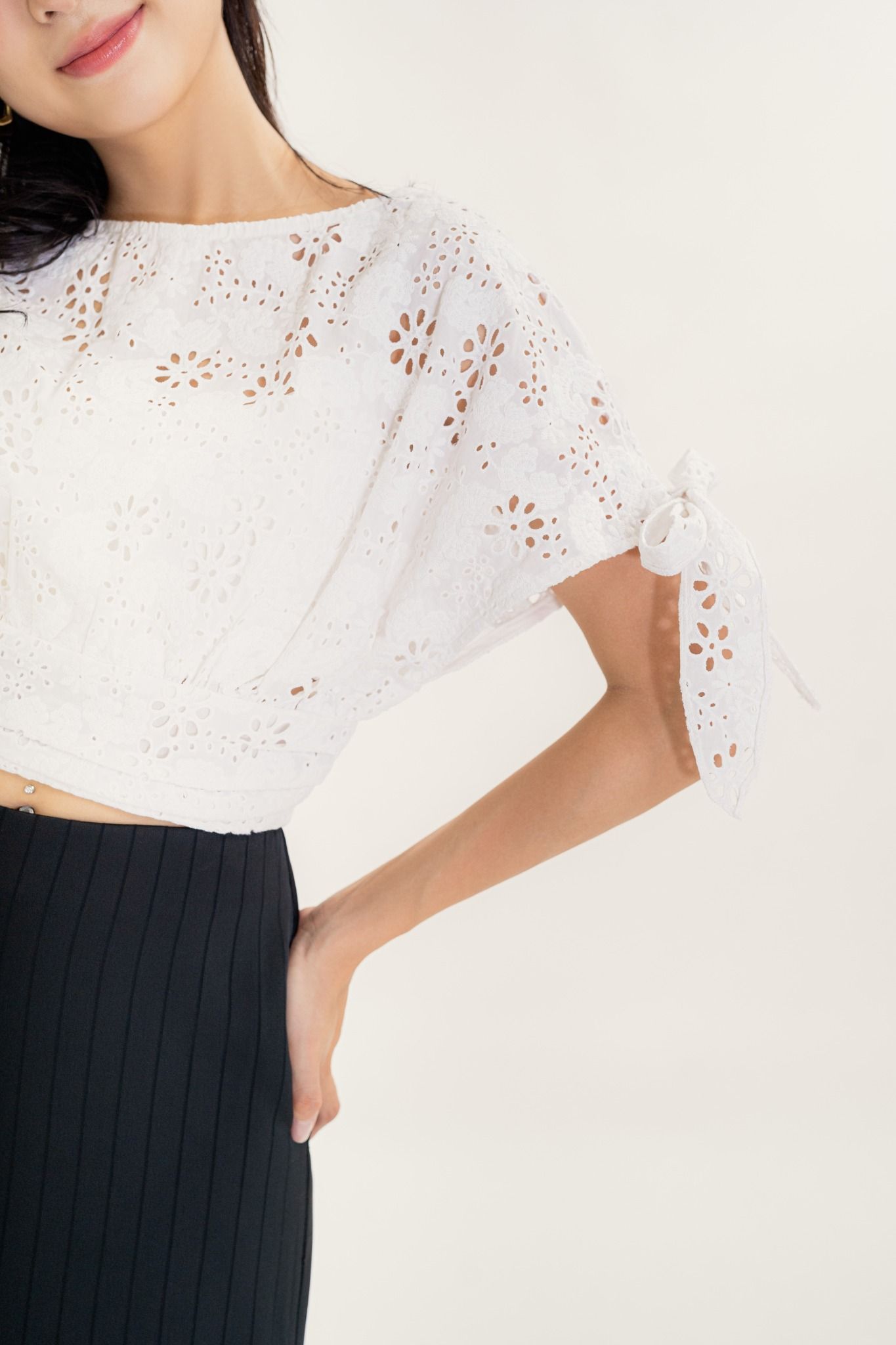  White Embroidered Boat Neck Top 