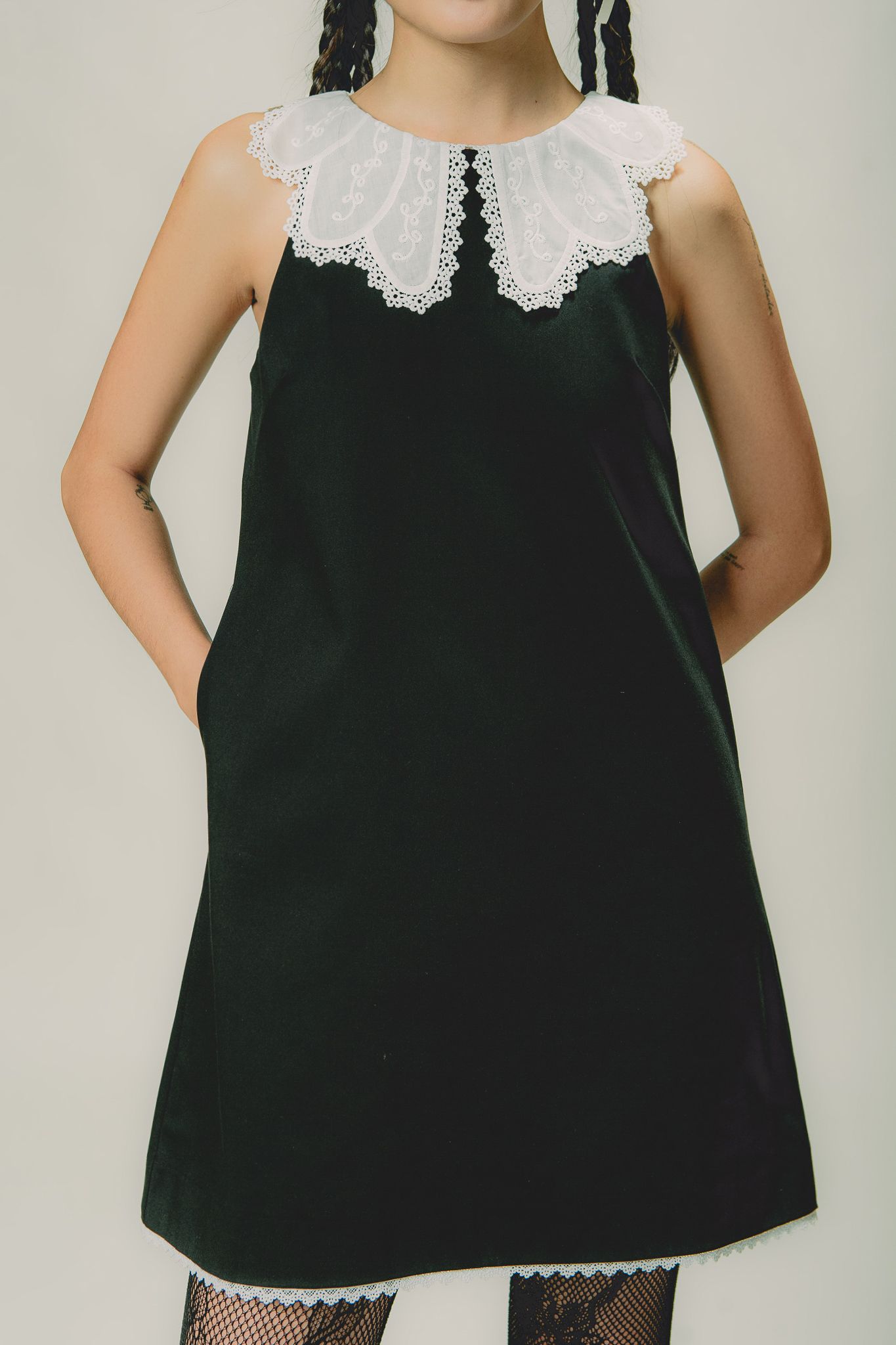  Black Peter Pan Collar Mini Dress With Lace Trim 