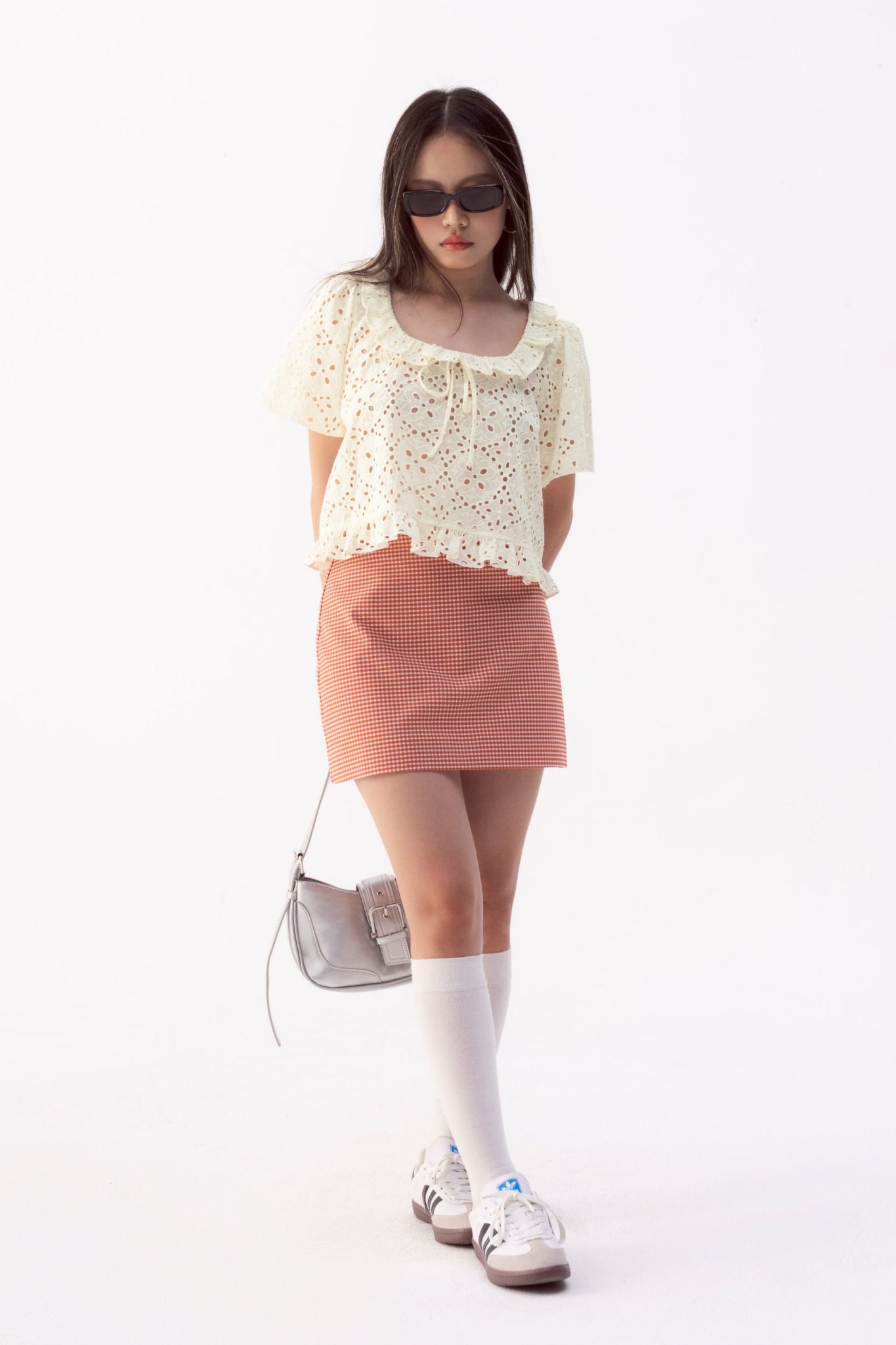  Ivory Ruffle Neckline Eyelet Top 