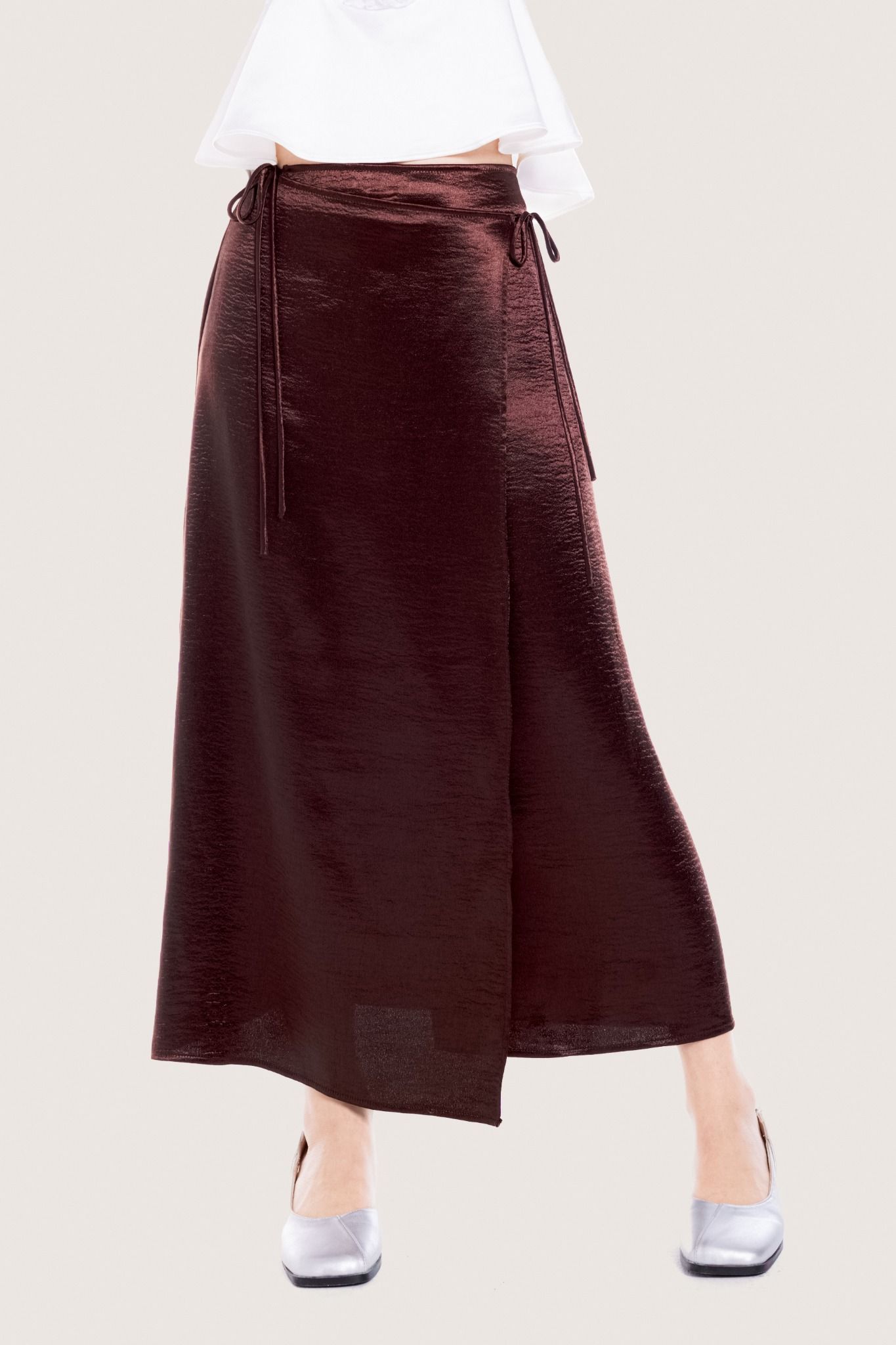  Dark Brown Overlap Silk Midi Skirt 
