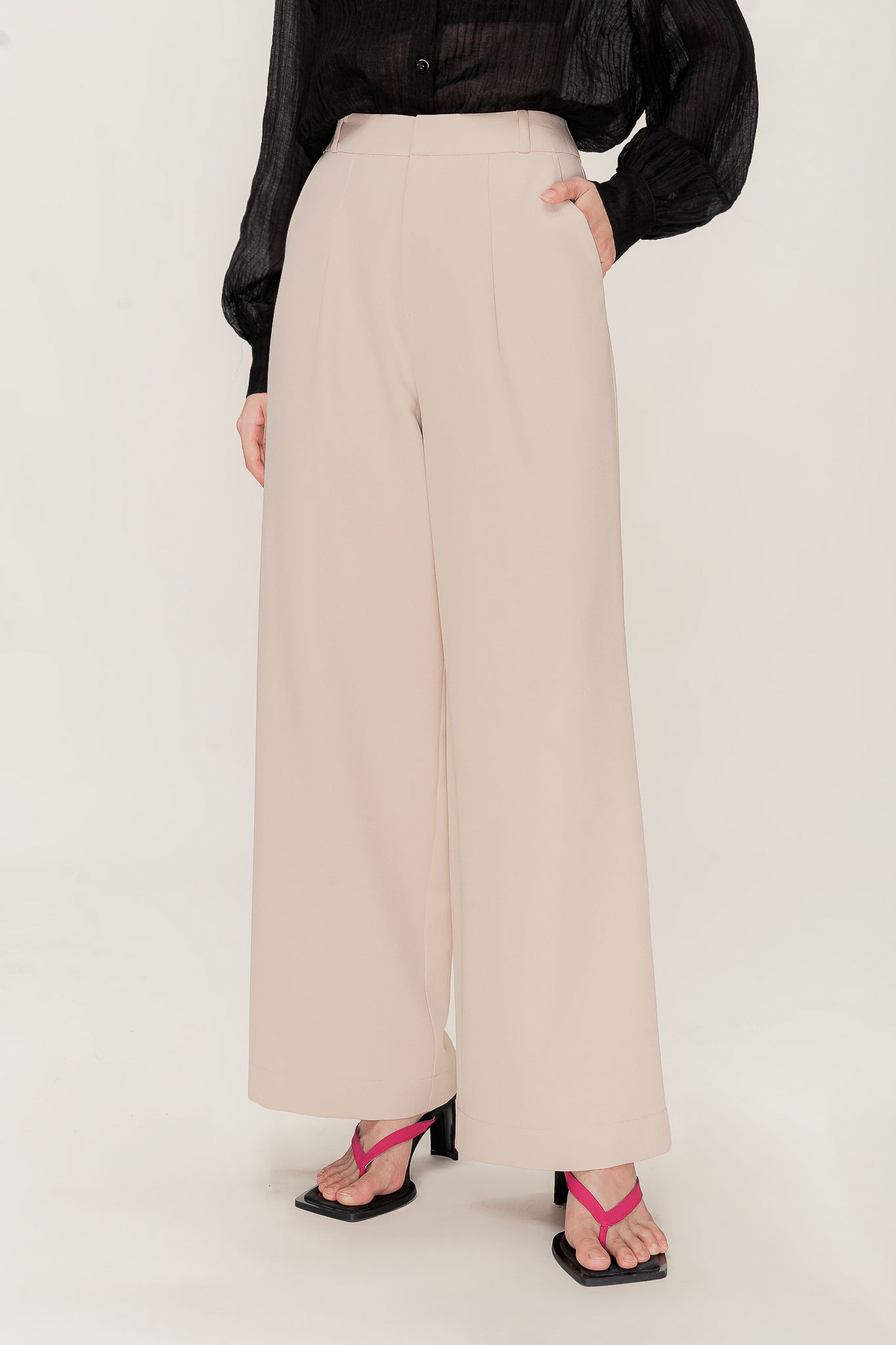  Beige Pleated Wide Leg Trousers 