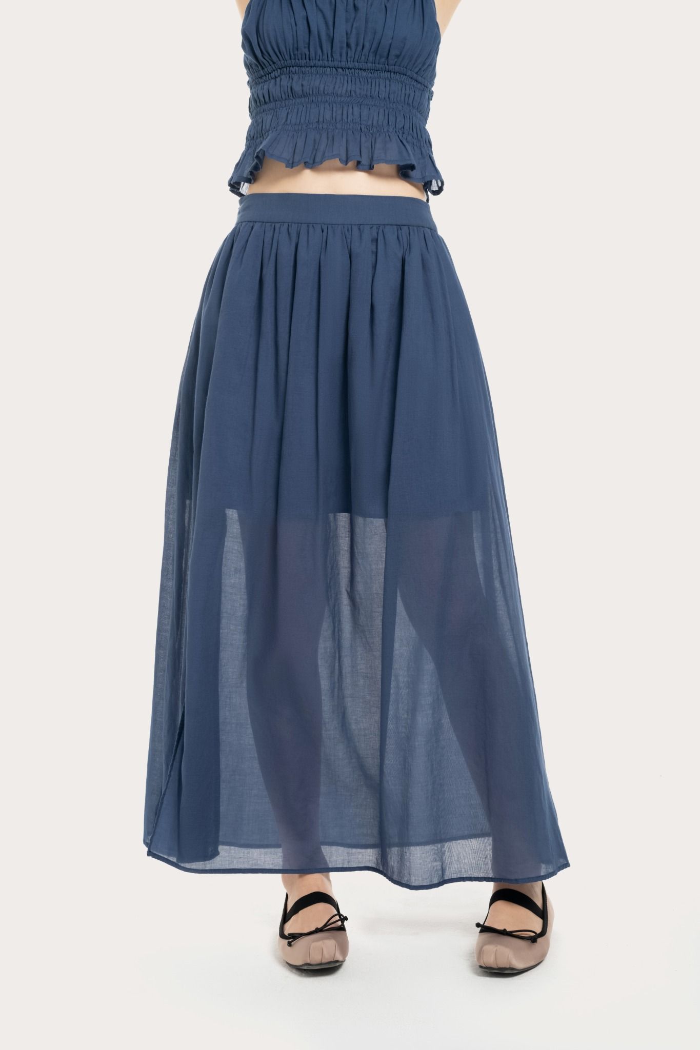  Cobalt Blue Ruched Split Maxi Skirt 