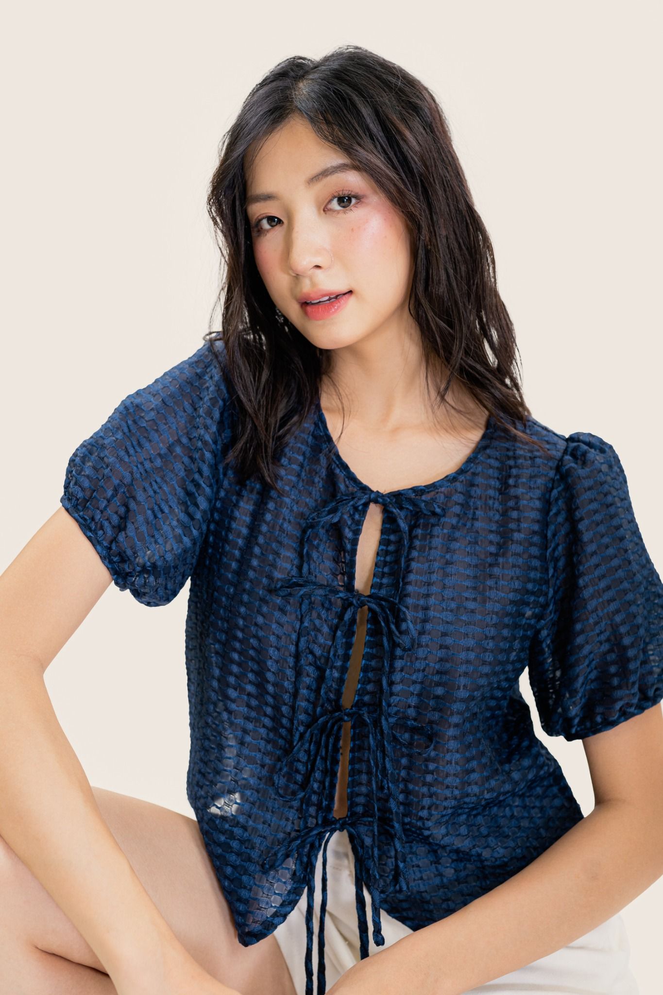 Navy Tie-Front Short Sleeve Top – LIBÉ