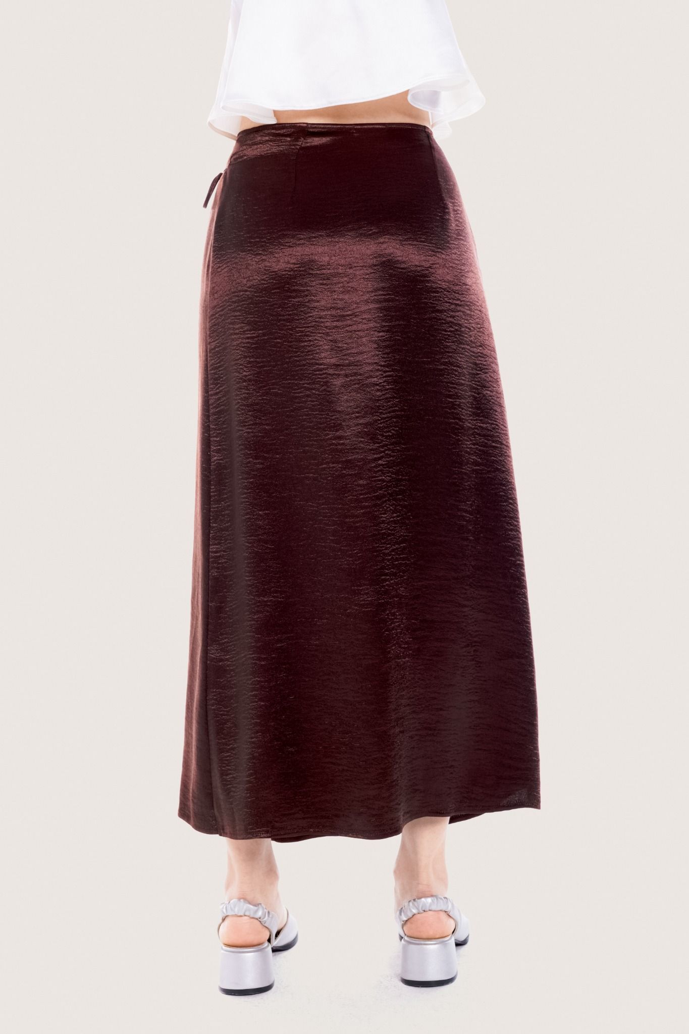  Dark Brown Overlap Silk Midi Skirt 