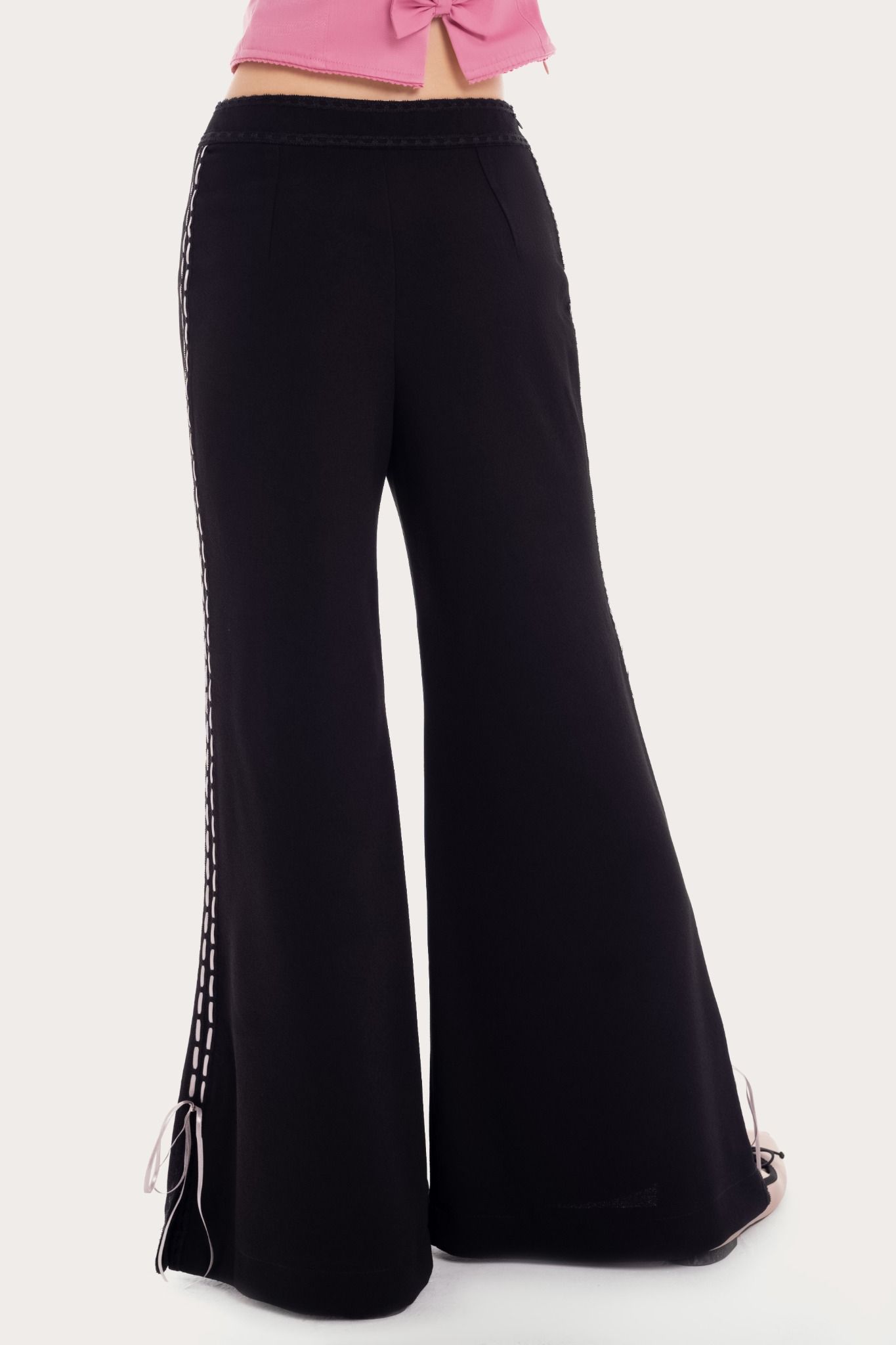  Black Trimming Bow Details Flared Trousers 