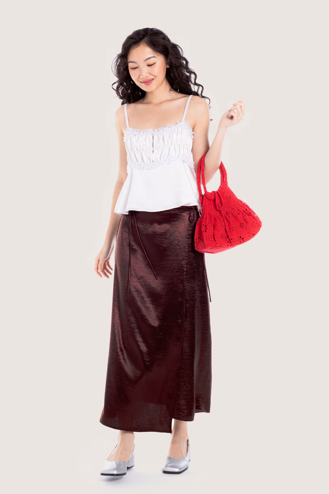  Dark Brown Overlap Silk Midi Skirt 