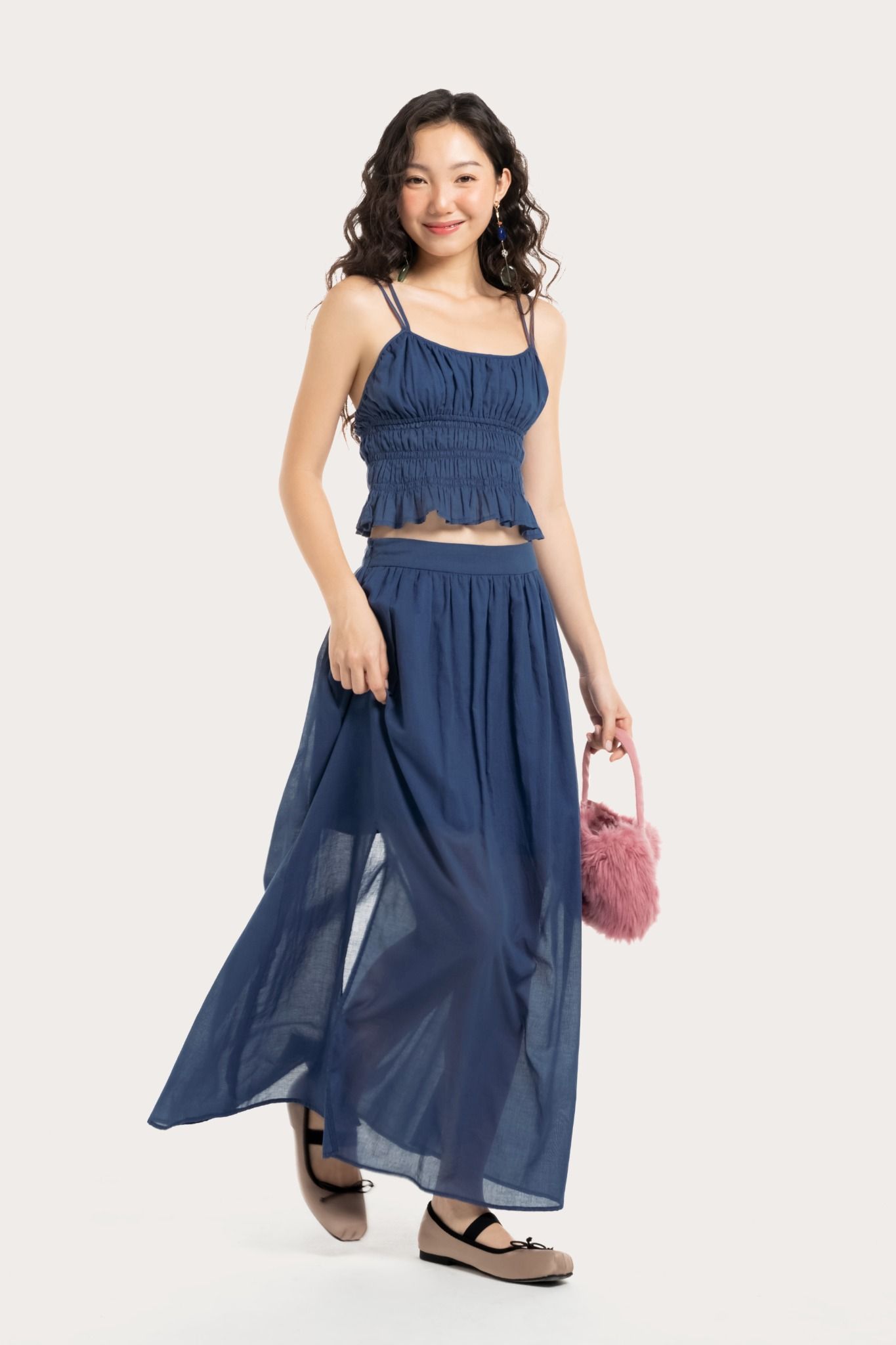  Cobalt Blue Ruched Split Maxi Skirt 