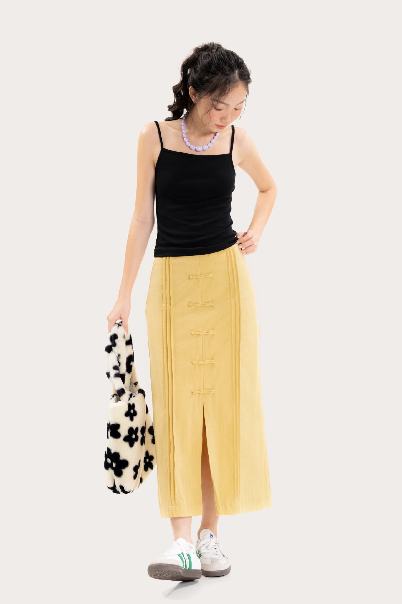  Yellow Buttons Parachute Midi Skirt 