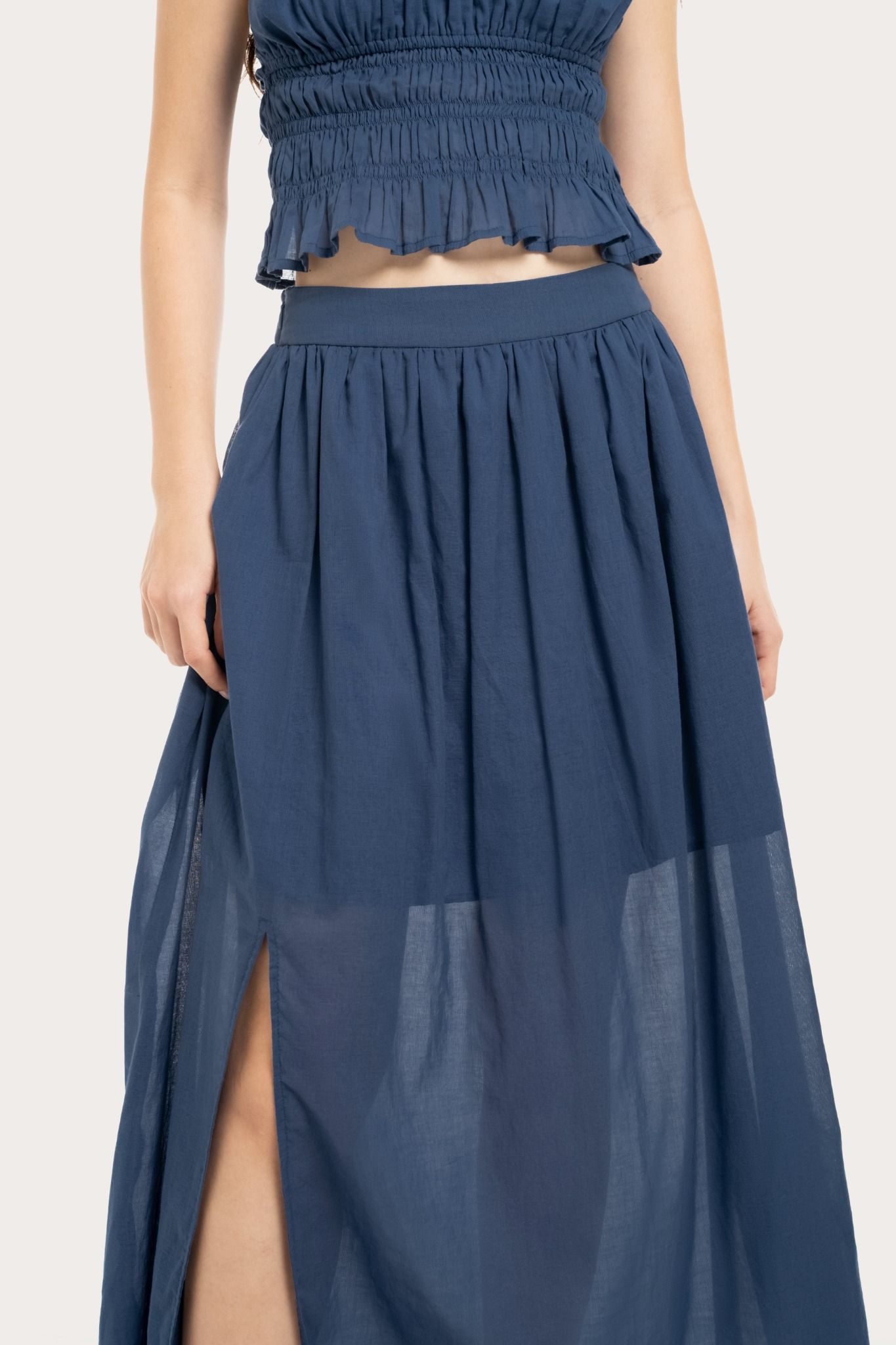  Cobalt Blue Ruched Split Maxi Skirt 