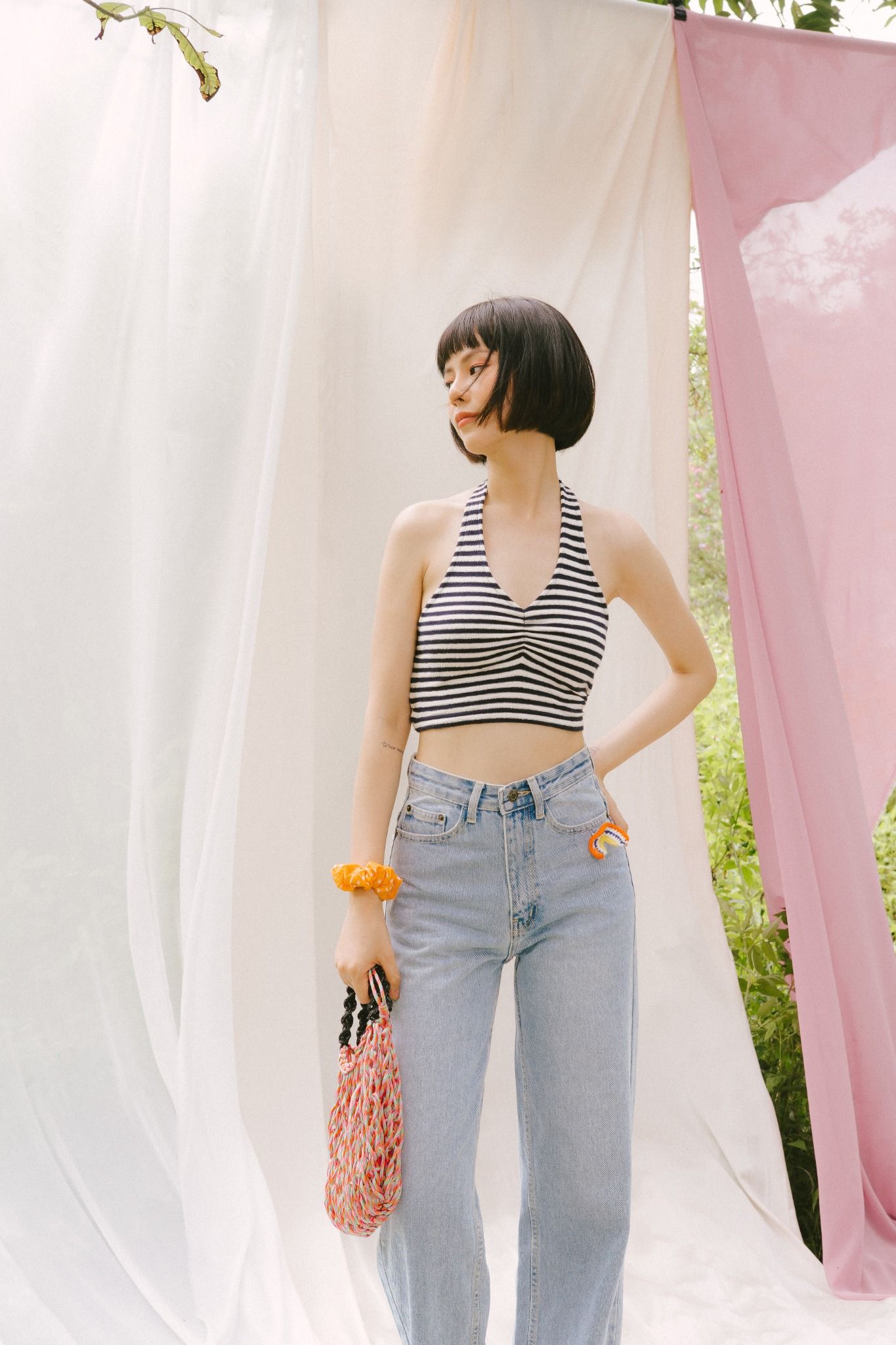  Striped Halter Collar Top 