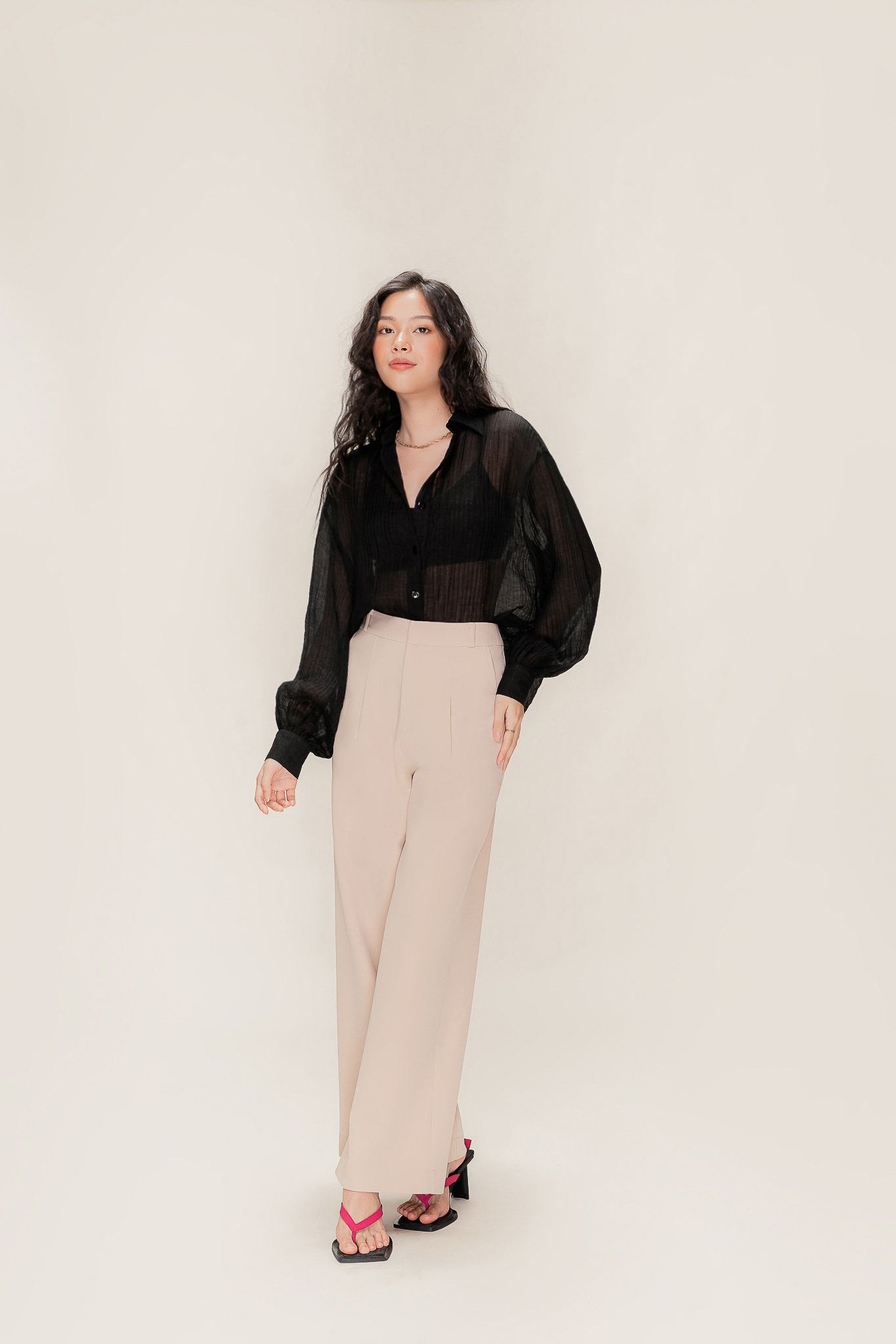  Beige Pleated Wide Leg Trousers 