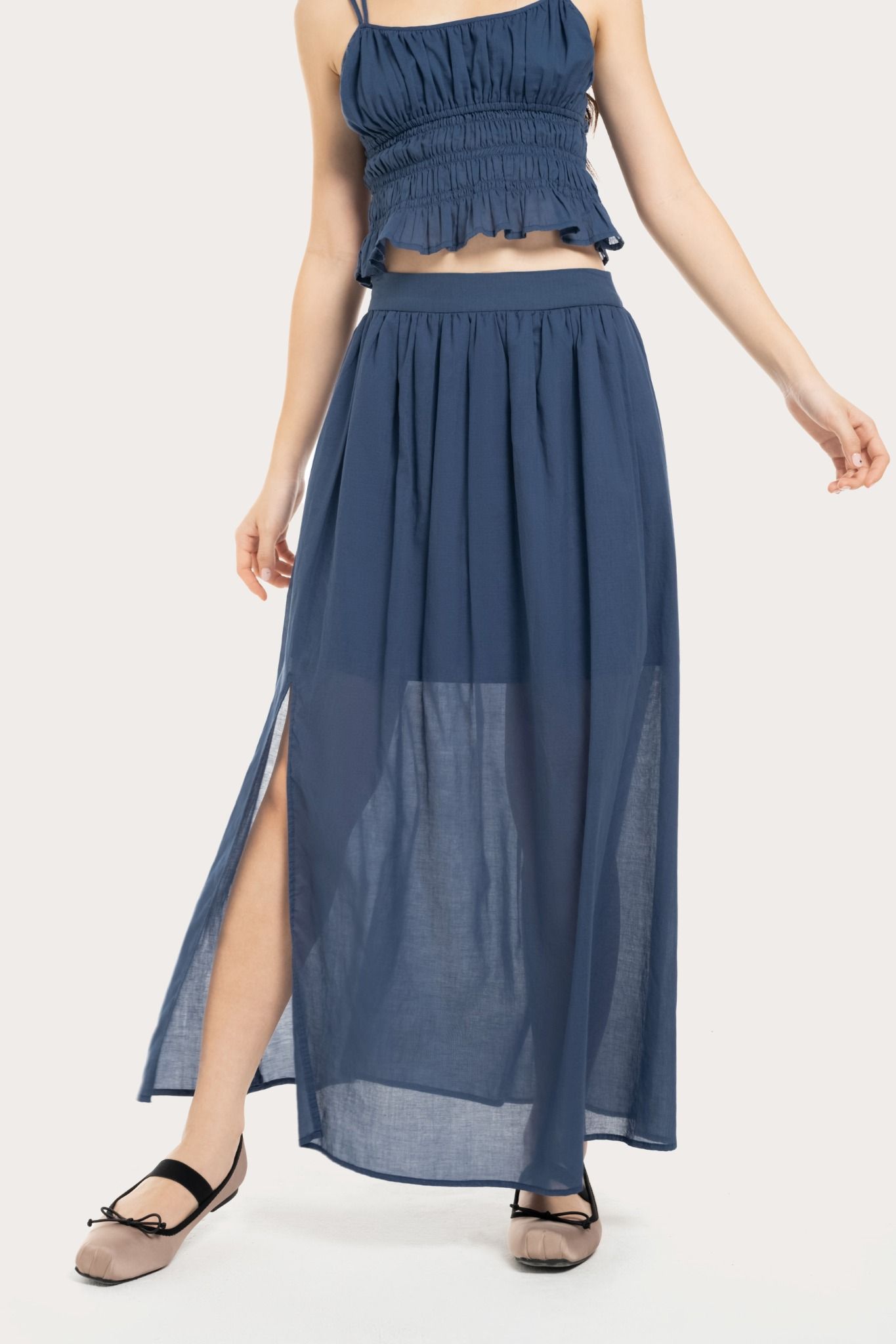  Cobalt Blue Ruched Split Maxi Skirt 