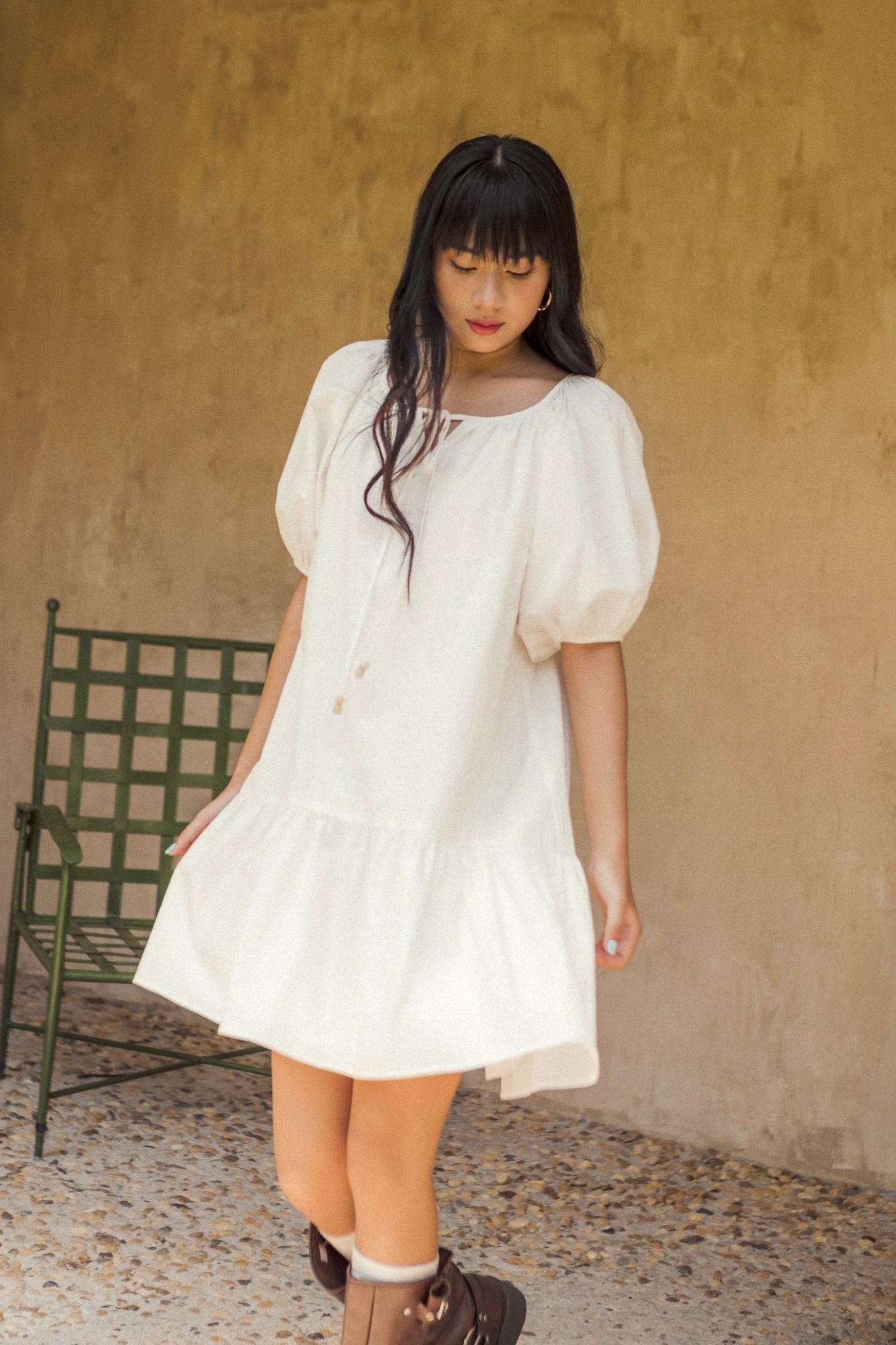  White Puff Sleeve Babydoll Dress 