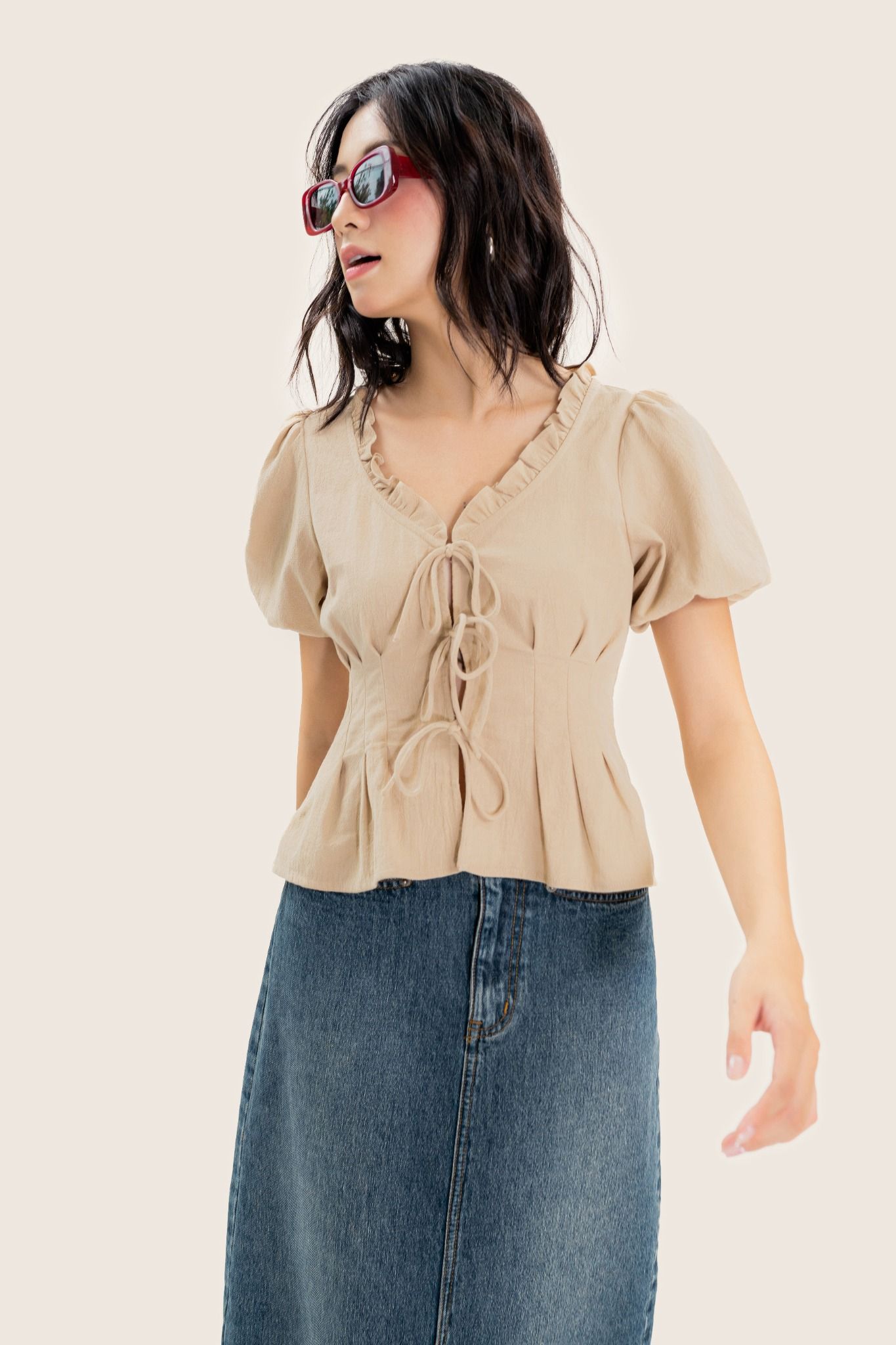 Beige Ruffle Trim Tie Front Puff Sleeve Top