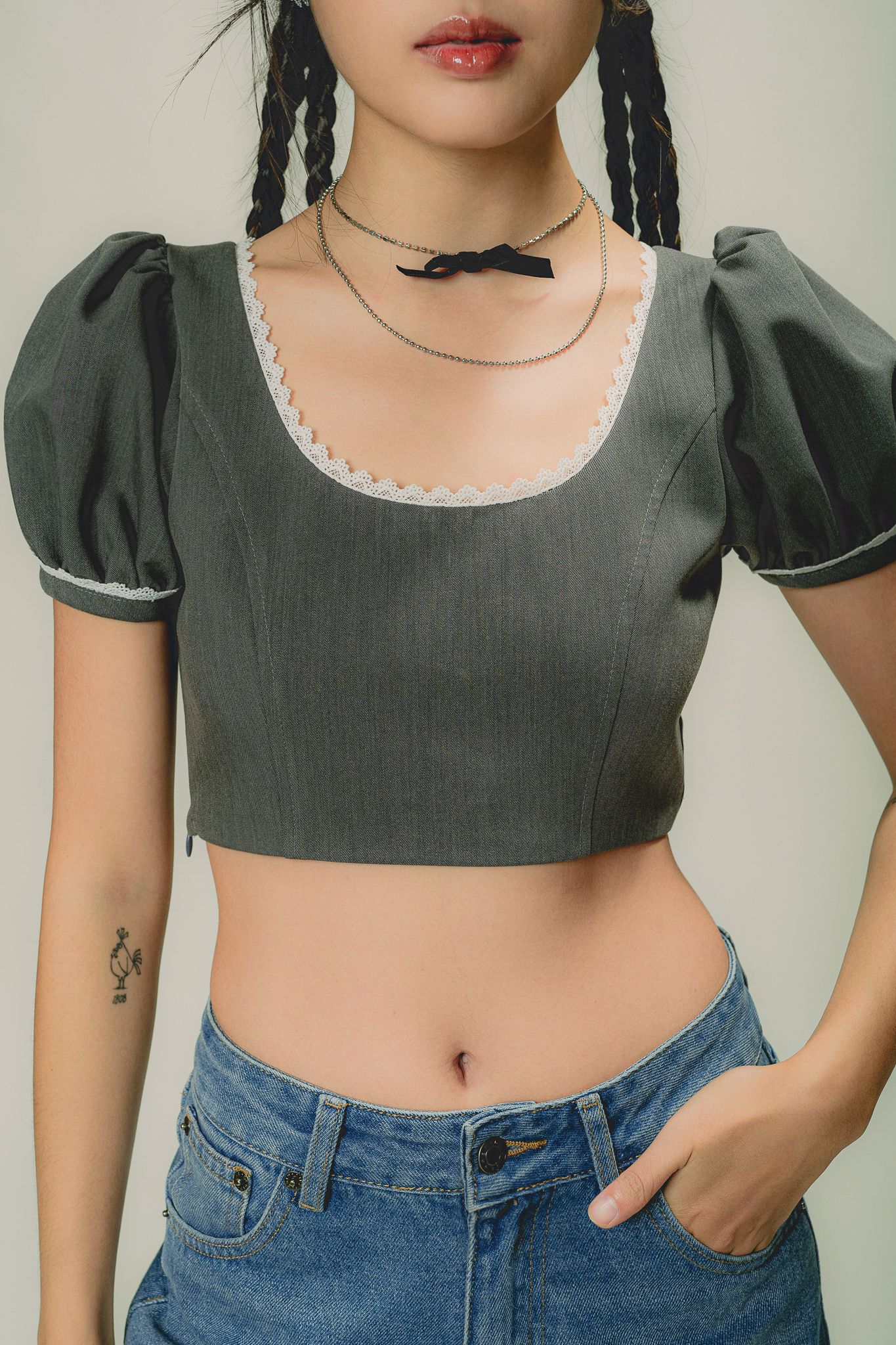  Grey Puff Sleeve Crop Top With Lace Trim 