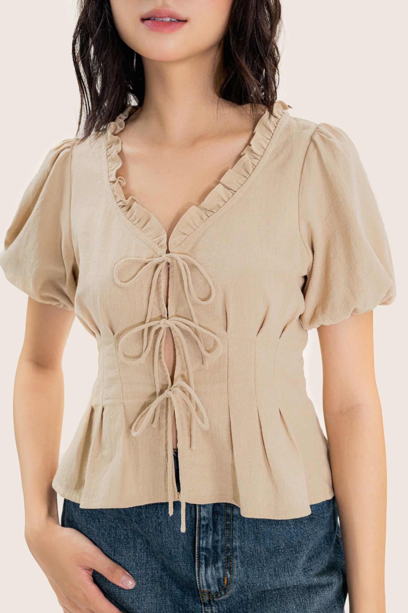  Beige Ruffle Trim Tie Front Puff Sleeve Top 