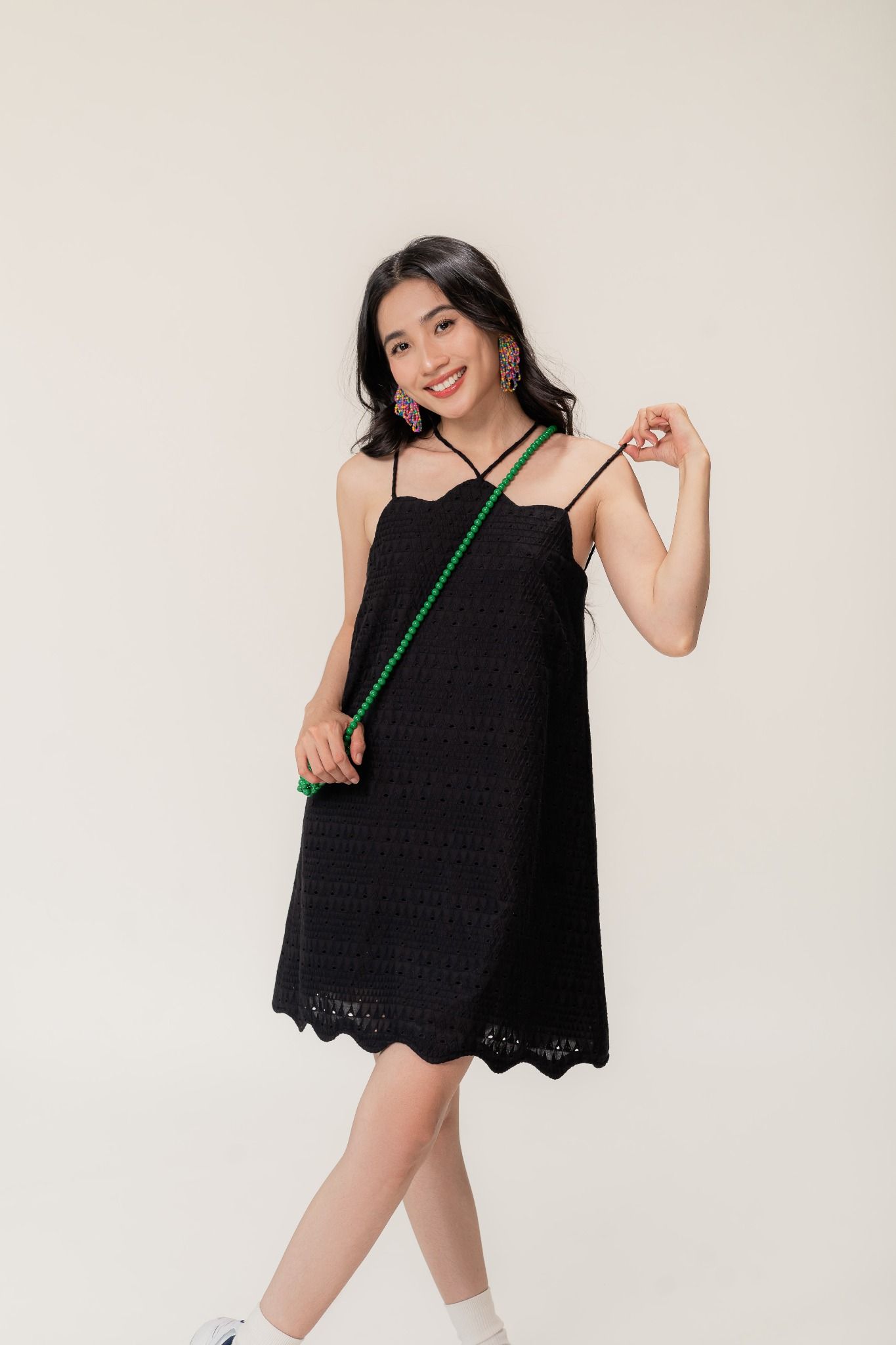  Black Scallop Embroidered Mini Dress 