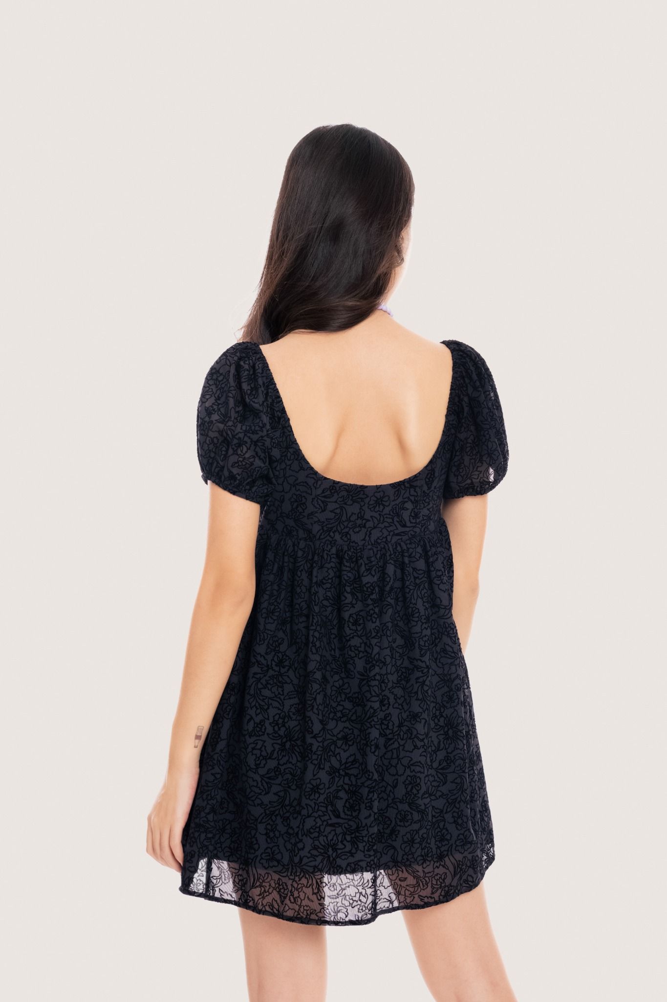  Black Puff Sleeves Flowers Texture Sheer Mini Dress 