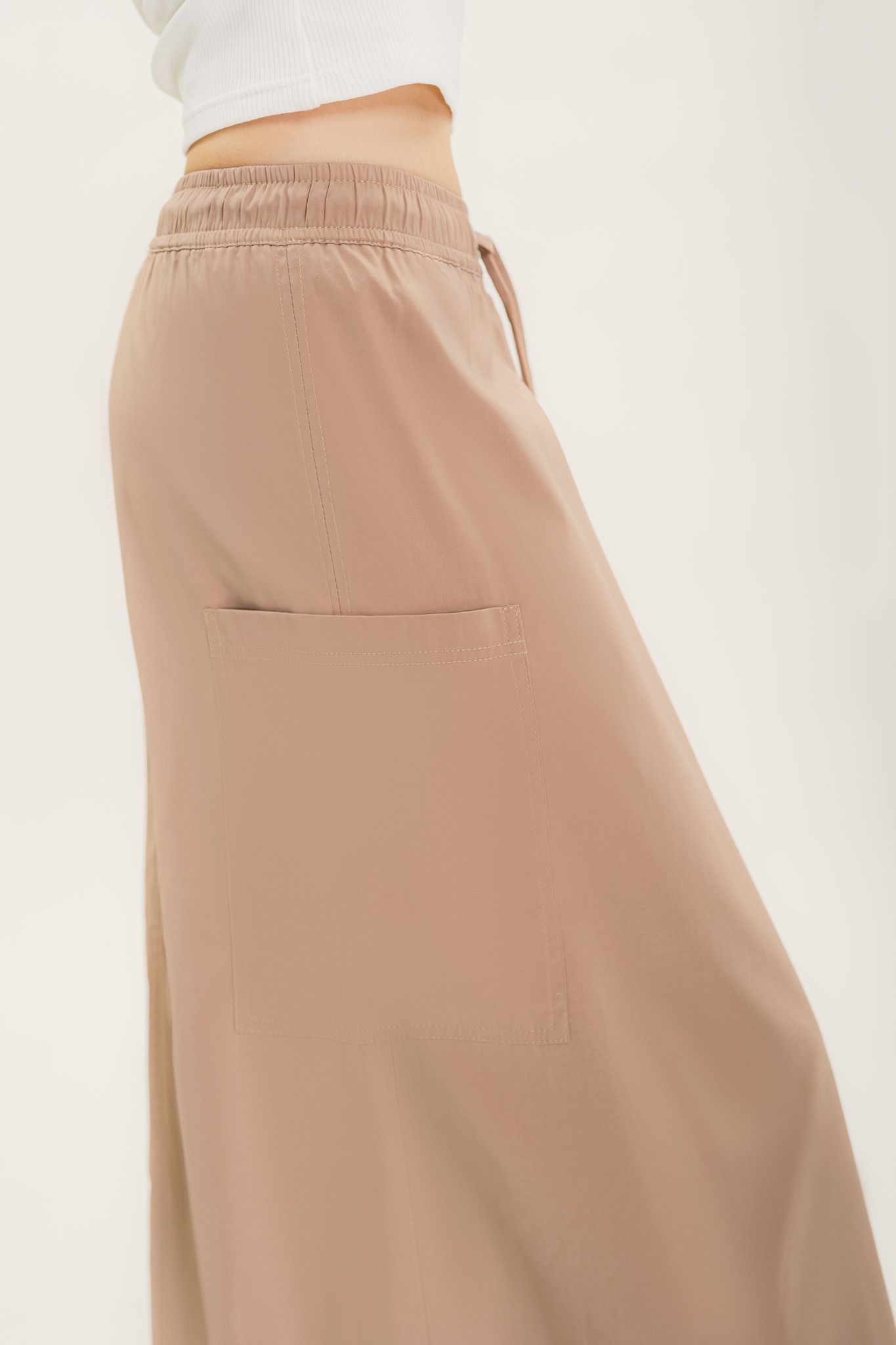  Brown Ruched Midi Skirt With Pockets 