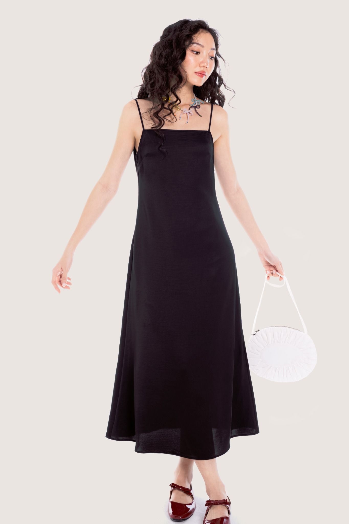  Black Trimming Back Silk Midi Dress 