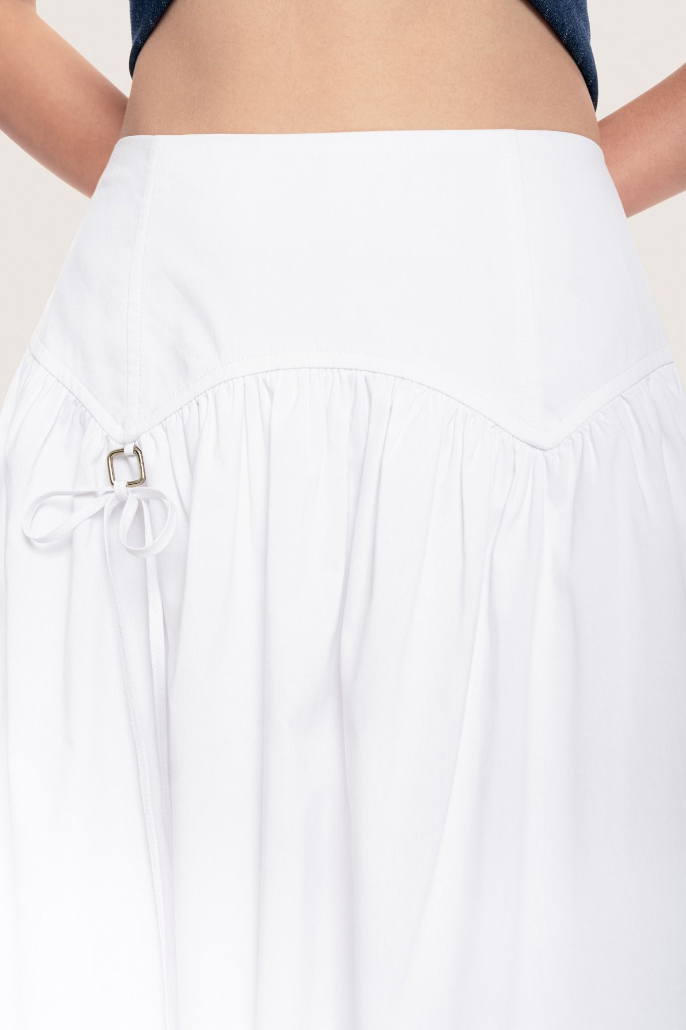  White Ruched Bow Tie Waistband Midi Skirt 