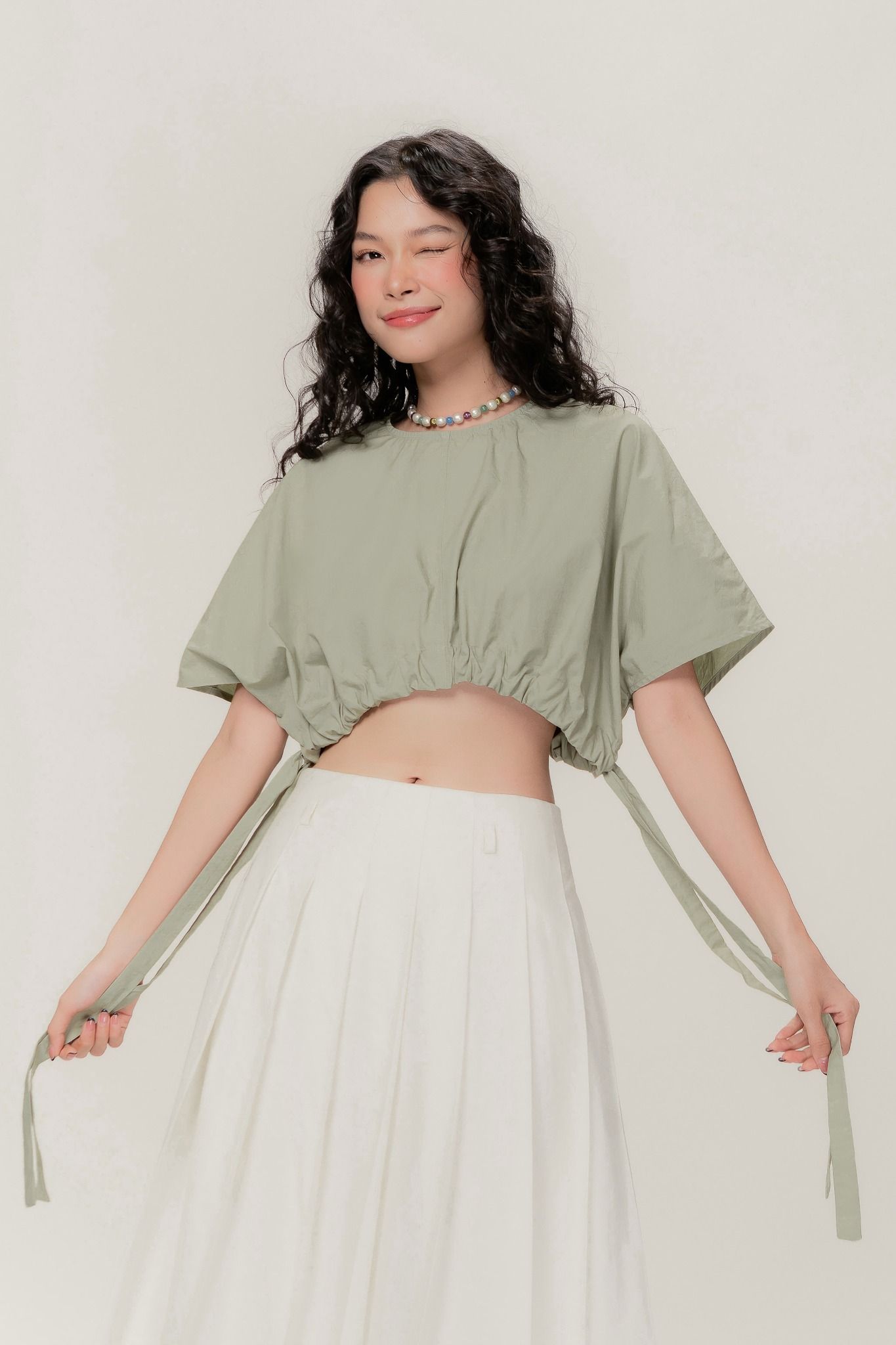  Green Ruched Hem Crop Top 