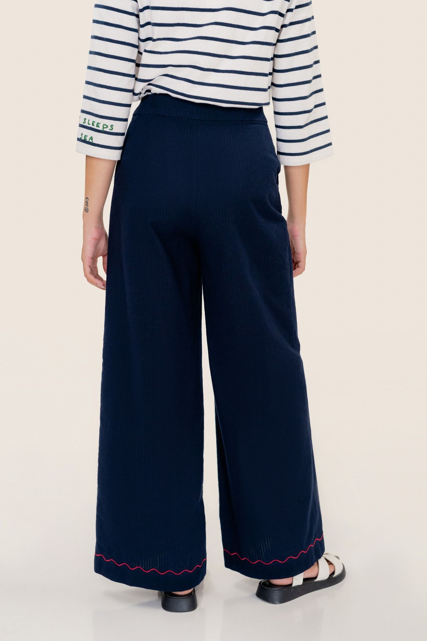  Navy Scallop Embroidered Detail Trousers 