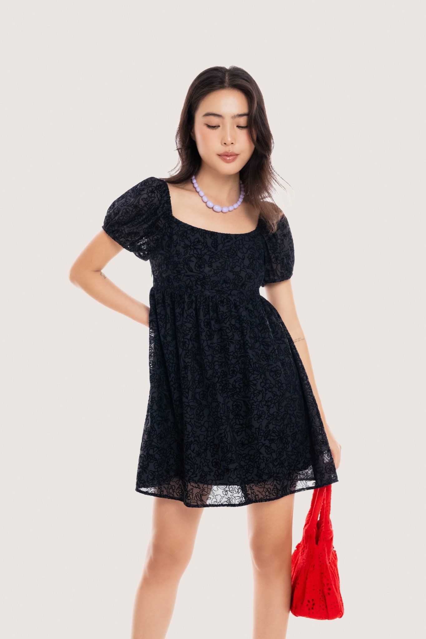  Black Puff Sleeves Flowers Texture Sheer Mini Dress 